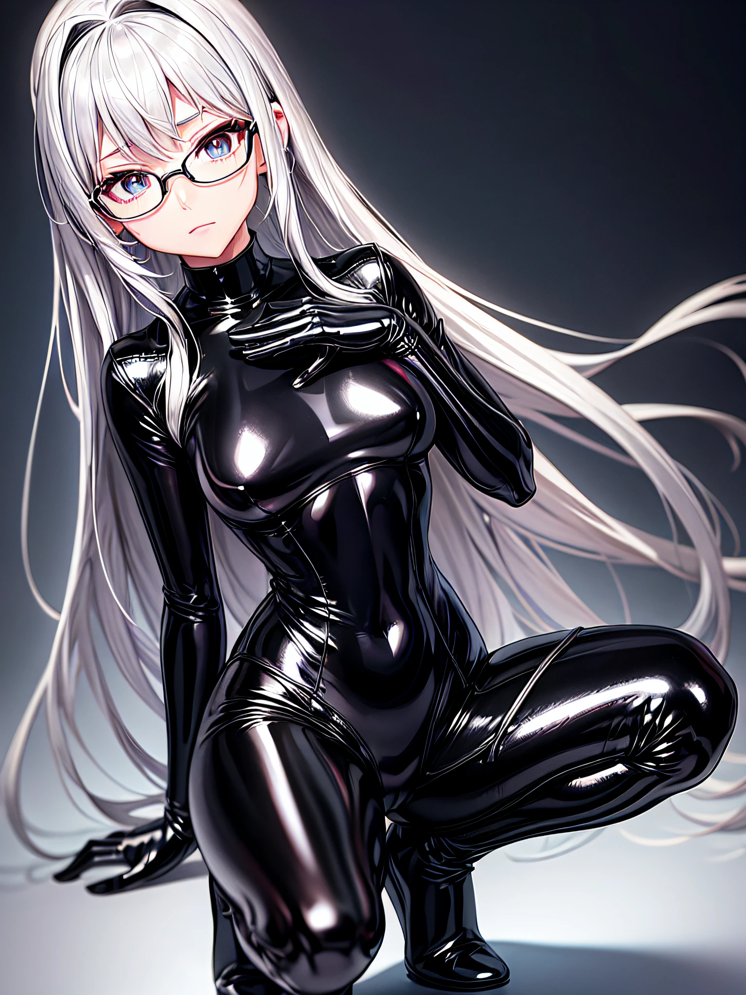 5 8K UHD、Silver-haired and small-nosed beauty in a black shiny black full-body rider suit wearing glasses squatting with her crotch wide open、Wearing a shiny black latex slider suit with hidden skin、Shiny black latex slider suit