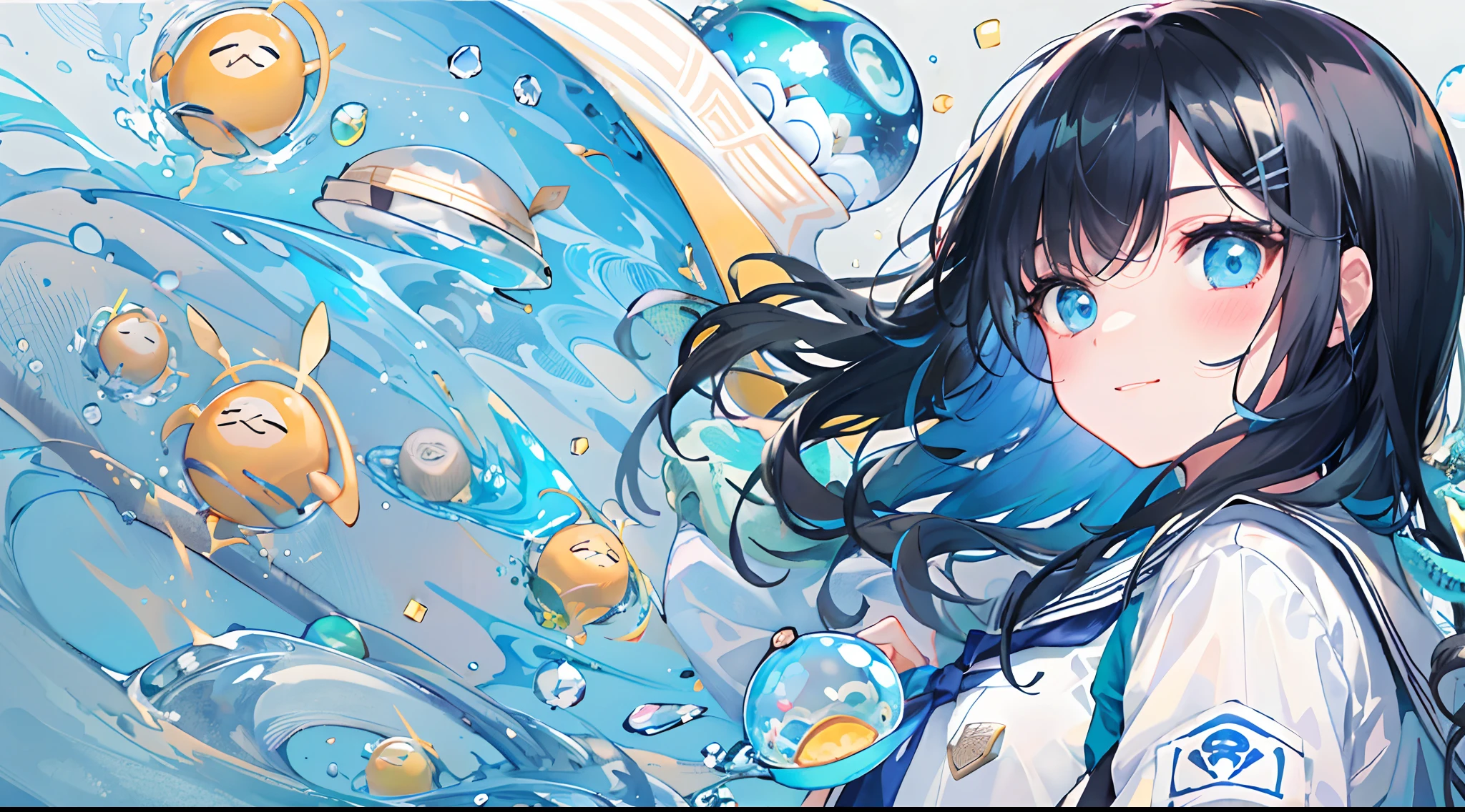 ((top-quality)), ((masterpiece)), ((ultra-detailliert)), (extremely delicate and beautiful), girl with, 独奏, cold attitude,((Black jacket)),She is very(relax)with the(Settled down)Looks,A dark-haired, depth of fields,evil smile,Bubble, under the water, Air bubble,bright light blue eyes,Inner color with black hair and light blue tips,Cold background,Bob Hair - Linear Art, shortpants、knee high socks、White uniform like school uniform、Light blue ribbon ties、Clothes are sheer、Hands in pockets