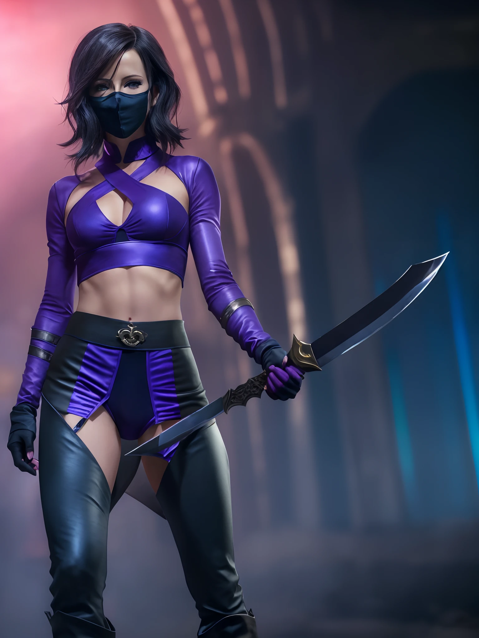 Woman in blue and purple underwear and mask posing for a photo, Kate Beckinsale as Mileena from Mortal Kombat, A character from Mortal Kombat, badass pose, ((daggers in their hands)), ((Mileena's standard weapon)), cosplay photo, glamourous cosplay, cosplay, purple shiny underwear, higly detailed, professional photo of a, hiquality, hight resolution,