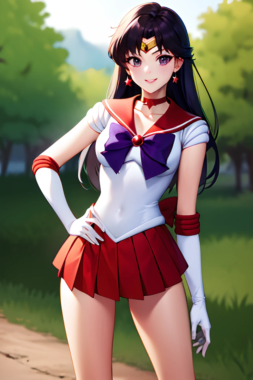 masterpiece, best quality, highres, sama1, tiara, skirt, sailor senshi uniform, white gloves, red sailor collar, red skirt, star choker, elbow gloves, pleated skirt, bare legs, purple bow, cowboy shot, standing, smile, outdoors, hand on hip,