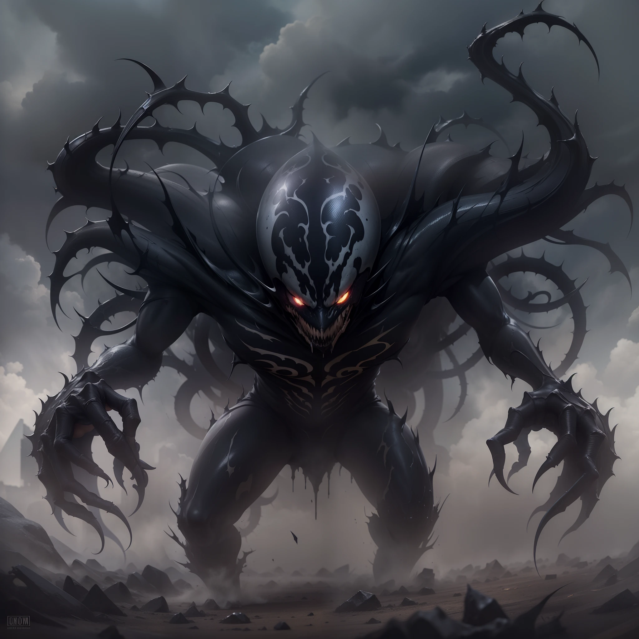 "Black venom emerges from the ground amidst a hazy sky."
