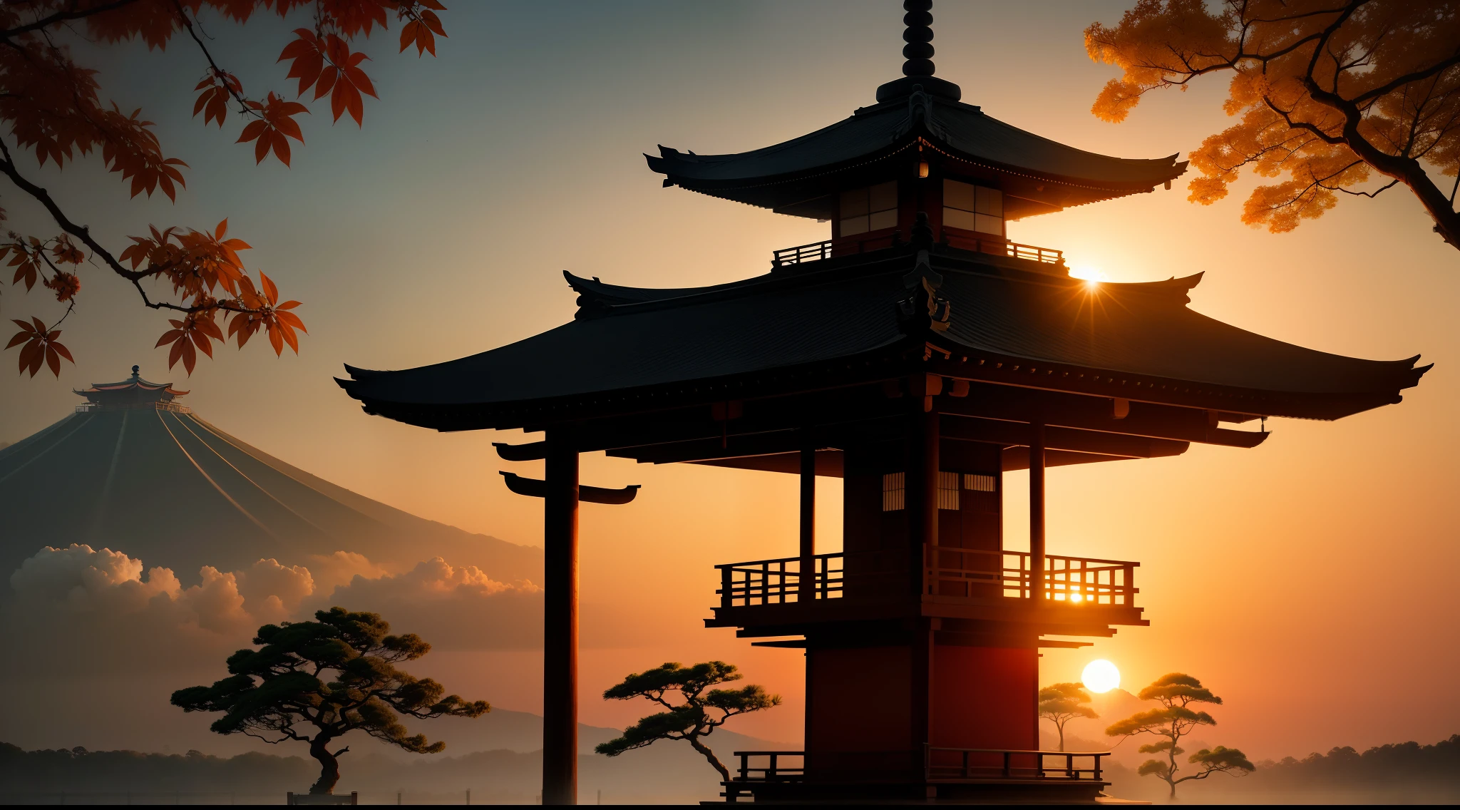 sun rising from behind japanese pagoda trees sunrise,