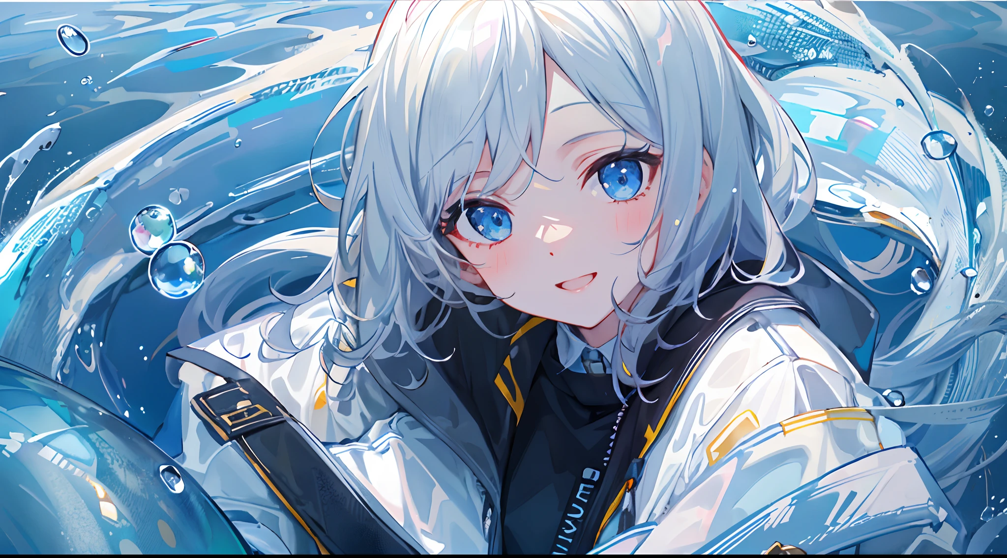 ((top-quality)), ((masterpiece)), ((ultra-detailliert)), (extremely delicate and beautiful), girl with, 独奏, cold attitude,((Black jacket)),She is very(relax)with the(Settled down)Looks,A dark-haired, depth of fields,evil smile,Bubble, under the water, Air bubble,bright light blue eyes,Inner color with black hair and light blue tips,Cold background,Bob Hair - Linear Art, shortpants、knee high socks、White uniform like school uniform、Light blue ribbon ties、Clothes are sheer、Hands in pockets