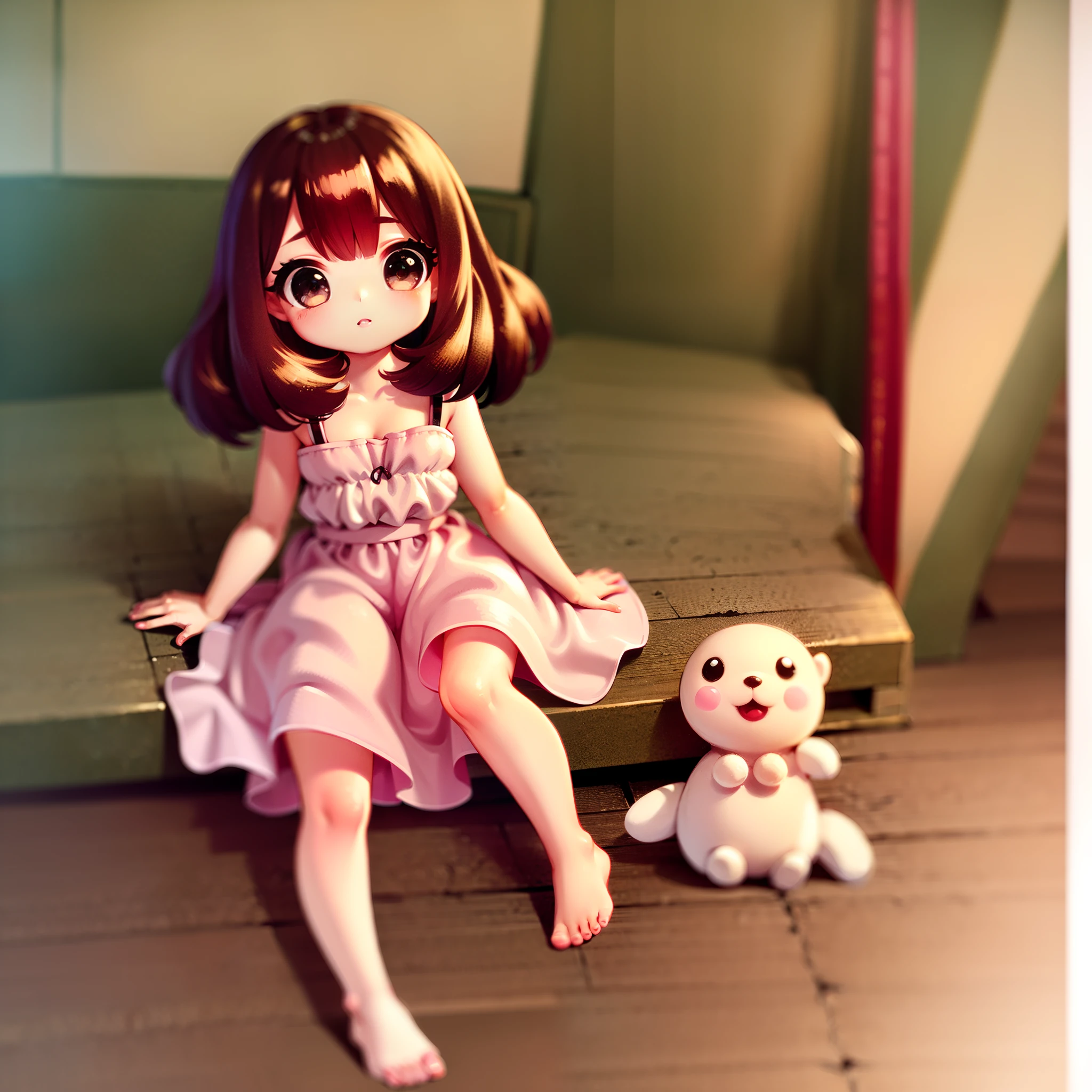 very cute female child:1.5,10 yo,Clothes with peach-colored ruffles:1.8, Barefoot, Summer,dutch angle shot,low angle,full body shot,medium shot,flat chest:1.5,nsfw:1.3, Cute PINK Living room:1.8,4K, (Raw photo: 1.2), (masutepiece: 1.3), (exquisite detailing: 1.2), Delicate and beautiful details, (Eye Detail), (Facial Detailed), (Highest Quality) :1.4), (Hyper-Resolution: 1.2),(very detailed illustration), Best Quality,depth of fields, Wide light, natural shadows