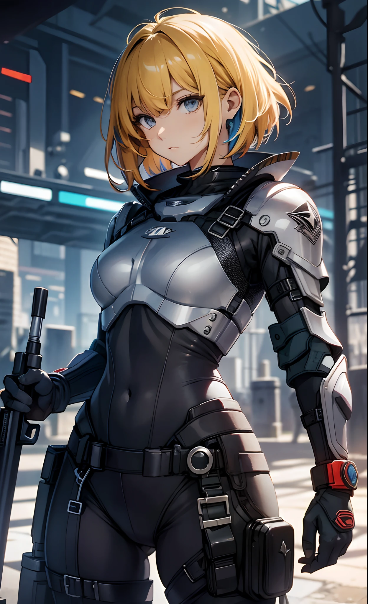 best qualityer,tmasterpiece,Ultimate resolution,downy,Extremely colorful,Colorful,Women combatants,a matural female,extra very short hair,holding gun,Tight combat suit,tightsuit,Steel City background,Normal posture,Normal posture