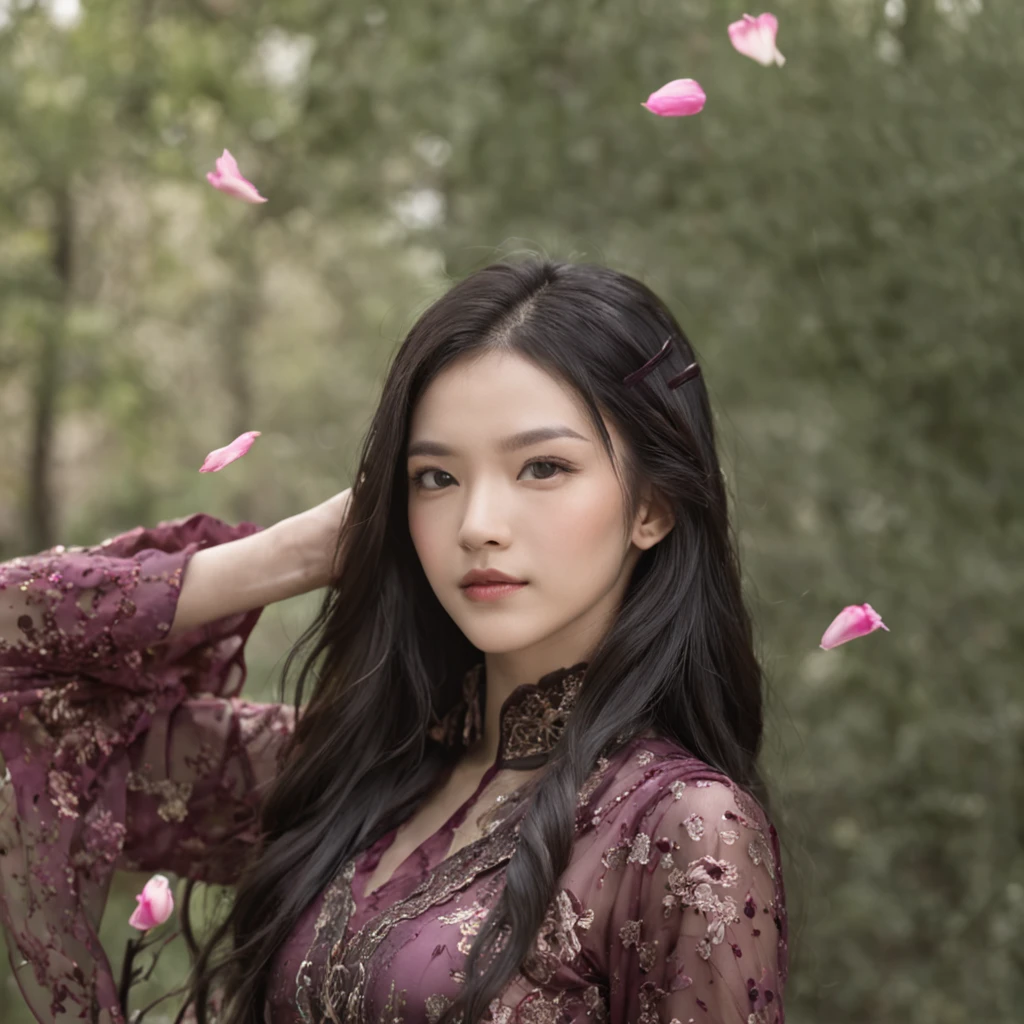 32K(tmasterpiece,k hd,hyper HD,32K)Long flowing black hair,ponds,zydink, a color, Xuzhou people (Seduce girls), (Red scarf of the desert), Combat posture, looking at the ground, long whitr hair, Floating hair, Carp pattern headdress, Chinese long-sleeved silver cheongsam, (Abstract gouache splash:1.2), Pink petal background,Tulips flying(realisticlying:1.4),Black color hair,Fallen leaves flutter,The background is pure, A high resolution, the detail, RAW photogr, Sharp Re, Nikon D850 Film Stock Photo by Jefferies Lee 4 Kodak Portra 400 Camera F1.6 shots, Rich colors, ultra-realistic vivid textures, Dramatic lighting, Unreal Engine Art Station Trend, cinestir 800,Long flowing black hair,see-through transparent clothes