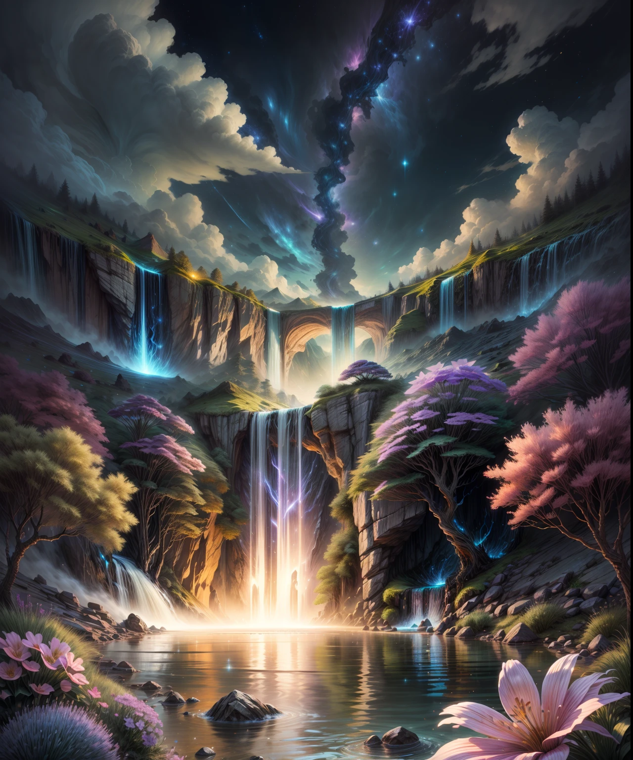 bioluminescence, waterfall, flowers, starry sky