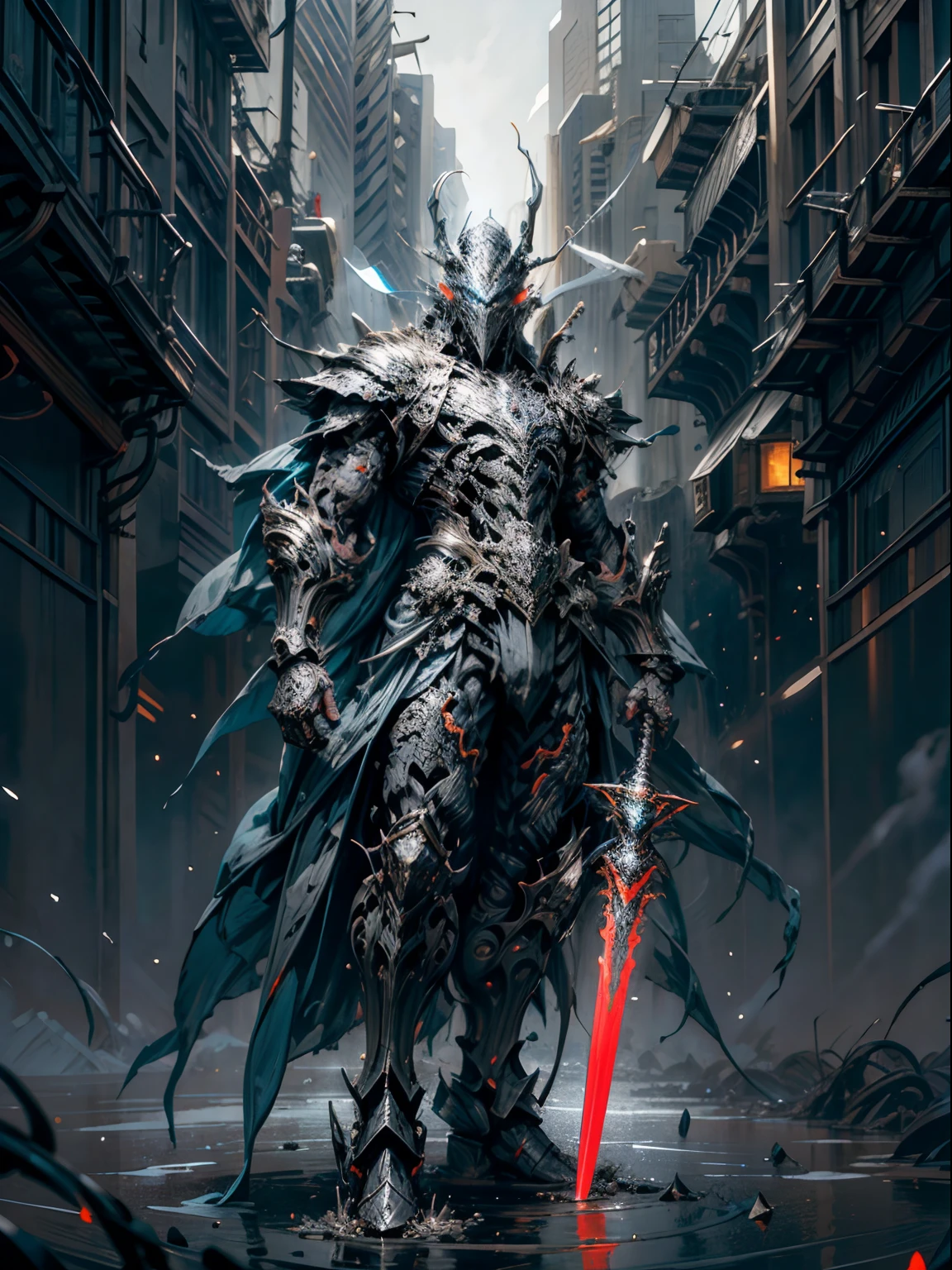 "Photo brute avec une ambiance Dark Fantasy et Cyberpunk, featuring a powerful blend of a Big Revolver and a sword wielded by a red man with a 1.1x accent, Create a striking contrast. The composition represents a mechanical marvel with a robotic presence, evoking the essence of a Cybernetic Guardian."