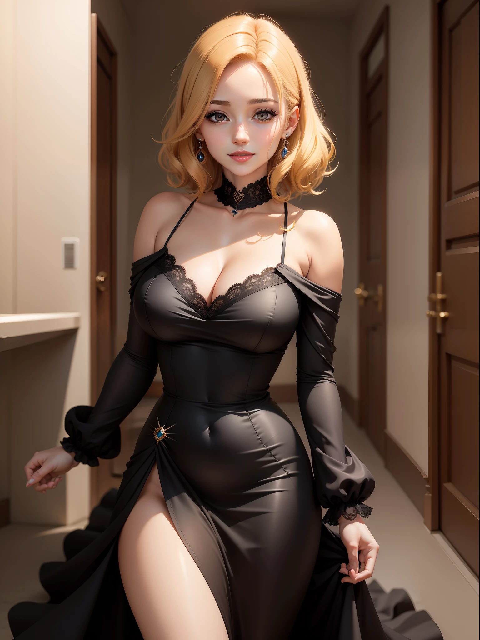 Imagem estilo anime de uma linda mulher de cabelo amarelo, liso e curto.olhos azuis, pele clara, delicate appearance, sorrindo, reddened lips and wearing a black dress.corpo inteiro