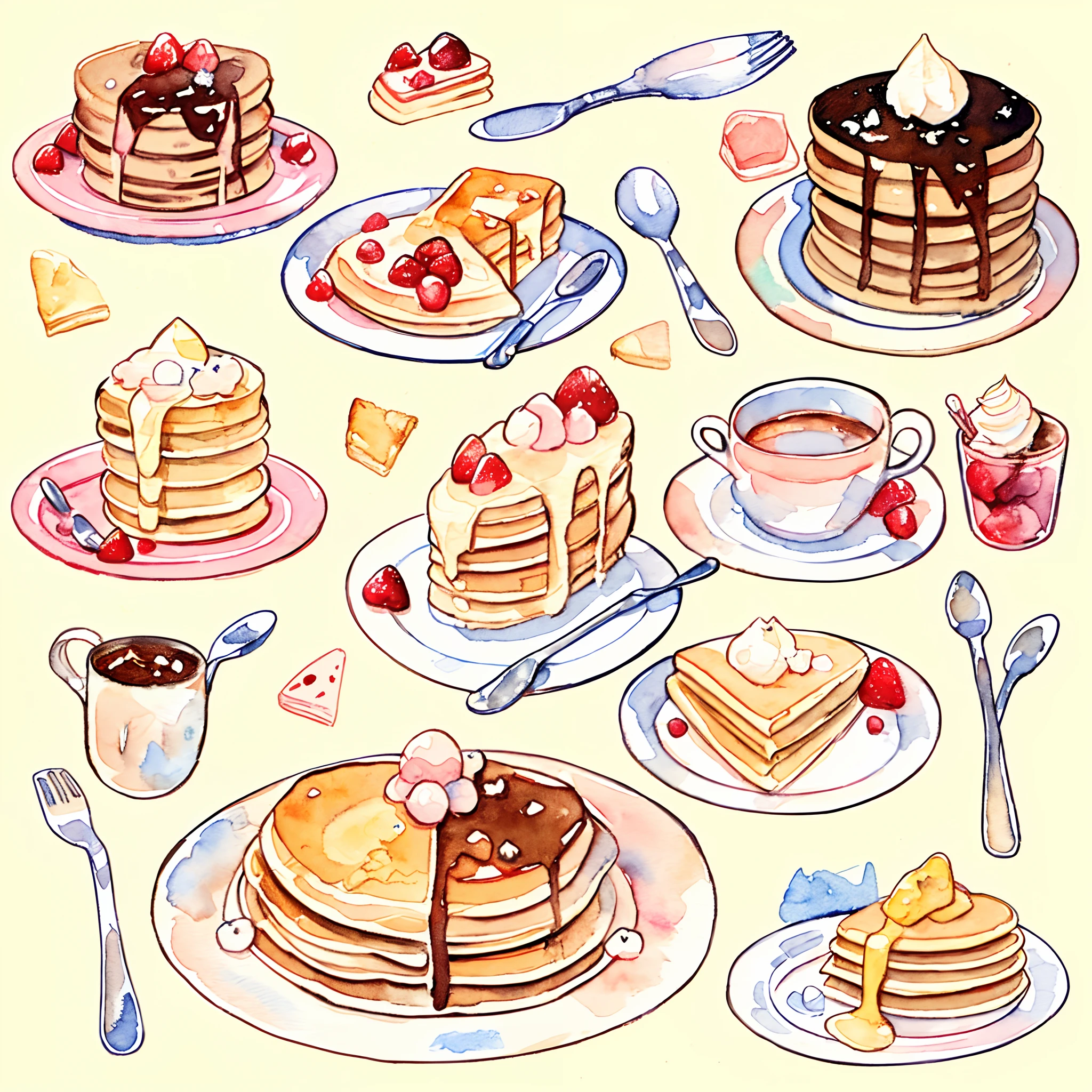 Pastel Colors: 1.5), (Cute Illustrations: 1.5), (Watercolor: 1.2), Yellow Background, Girl, Full Body, Smiling, Aloof, Pale Yellow, Moya, Marble, Colorful, Crepes, Sweets, Dessert, Pancakes, Plush Toy, Fancy, Fork, Spoon, Tea