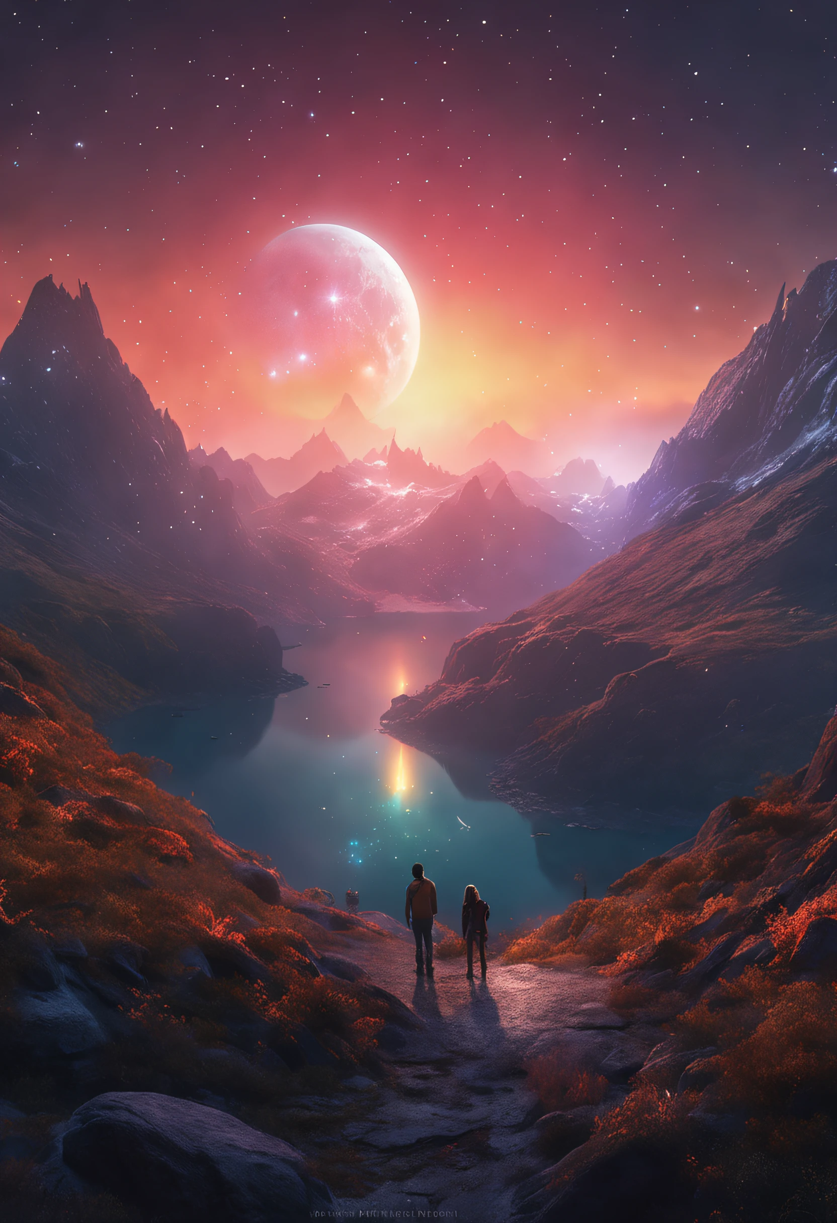 Starry Sky with Mountains and Lake, Jessica Rossier, Inspired by Jessica Rossier, Jessica Rossier Fantasy Art, Concept Art Magic Highlights, Official Artwork, Dream Painting, Ethereal Realm, Atmospheric artwork, dreamy matte paintings, serene endless stars inspired by Ted Nasmith, moonlit starry environments, epic music album covers.