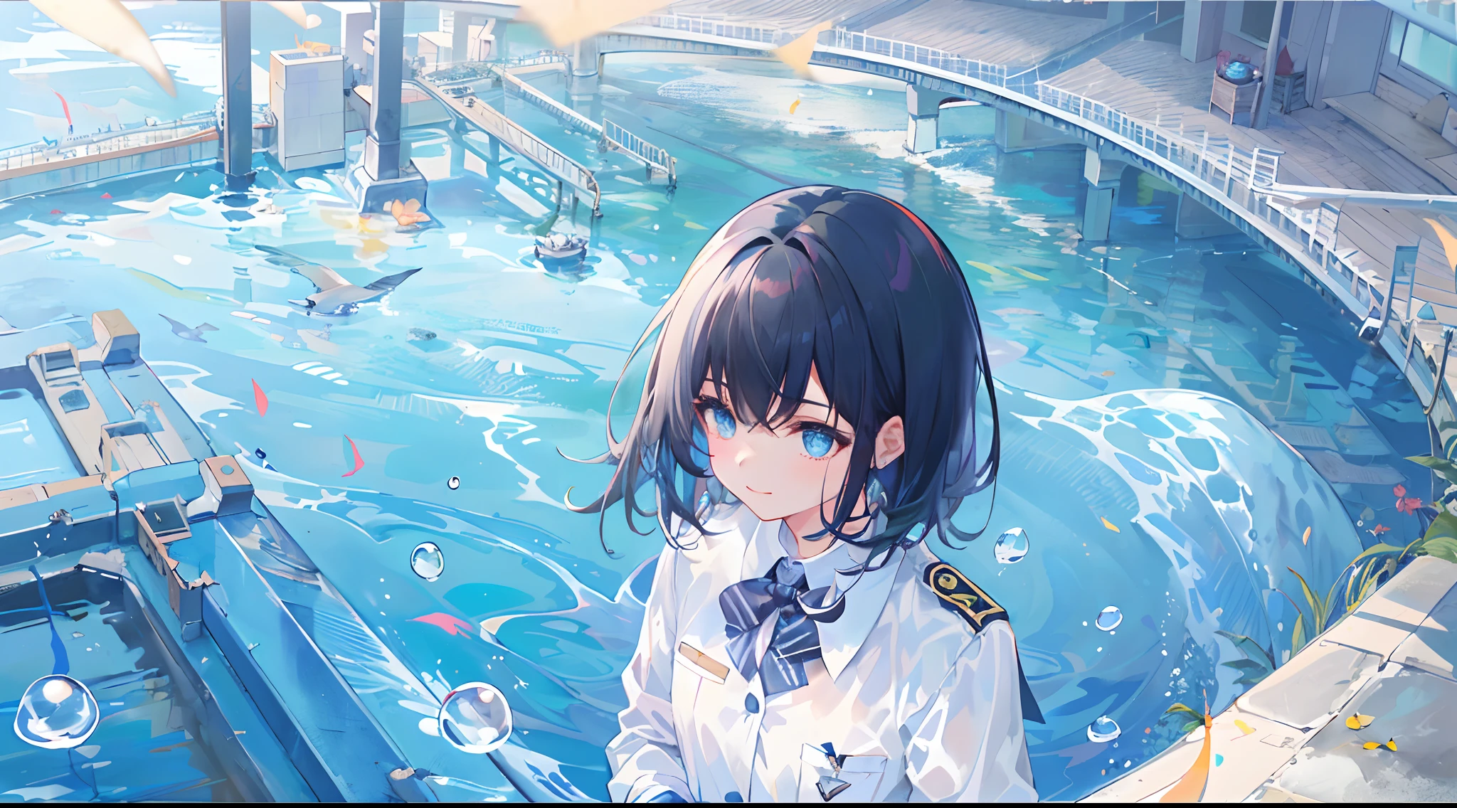 ((top-quality)), ((​masterpiece)), ((ultra-detailliert)), (extremely delicate and beautiful), girl with, 独奏, cold attitude,((Black jacket)),She is very(relax)with  the(Settled down)Looks,A dark-haired, depth of fields,evil smile,Bubble, under the water, Air bubble,bright light blue eyes,Inner color with black hair and light blue tips,Cold background,Bob Hair - Linear Art, shortpants、knee high socks、White uniform like school uniform、Light blue ribbon ties、Clothes are sheer、Hands in pockets