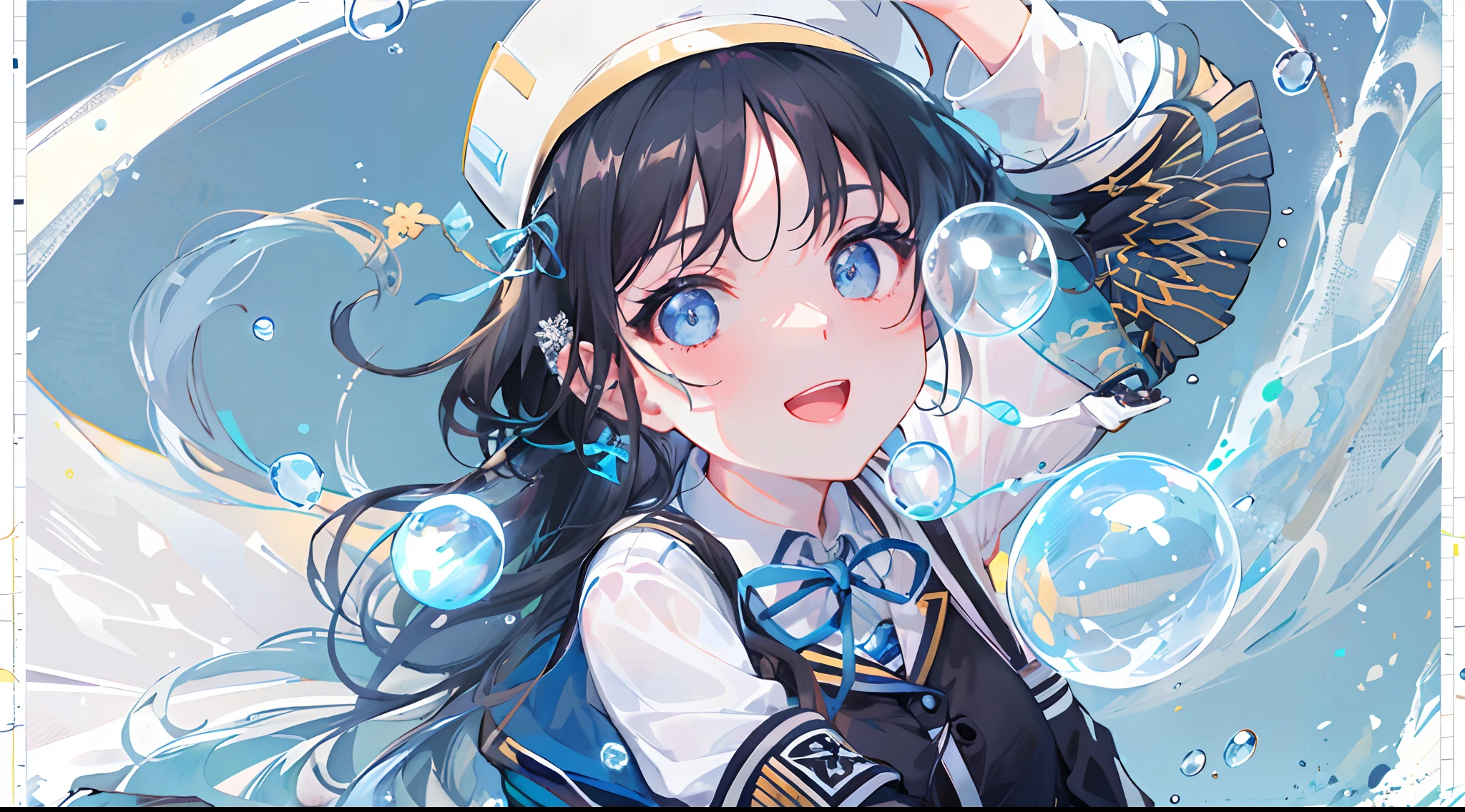 ((top-quality)), ((masterpiece)), ((ultra-detailliert)), (extremely delicate and beautiful), girl with, 独奏, cold attitude,((Black jacket)),She is very(relax)with the(Settled down)Looks,A dark-haired, depth of fields,evil smile,Bubble, under the water, Air bubble,bright light blue eyes,Inner color with black hair and light blue tips,Cold background,Bob Hair - Linear Art, shortpants、knee high socks、White uniform like school uniform、Light blue ribbon ties、Clothes are sheer、Hands in pockets