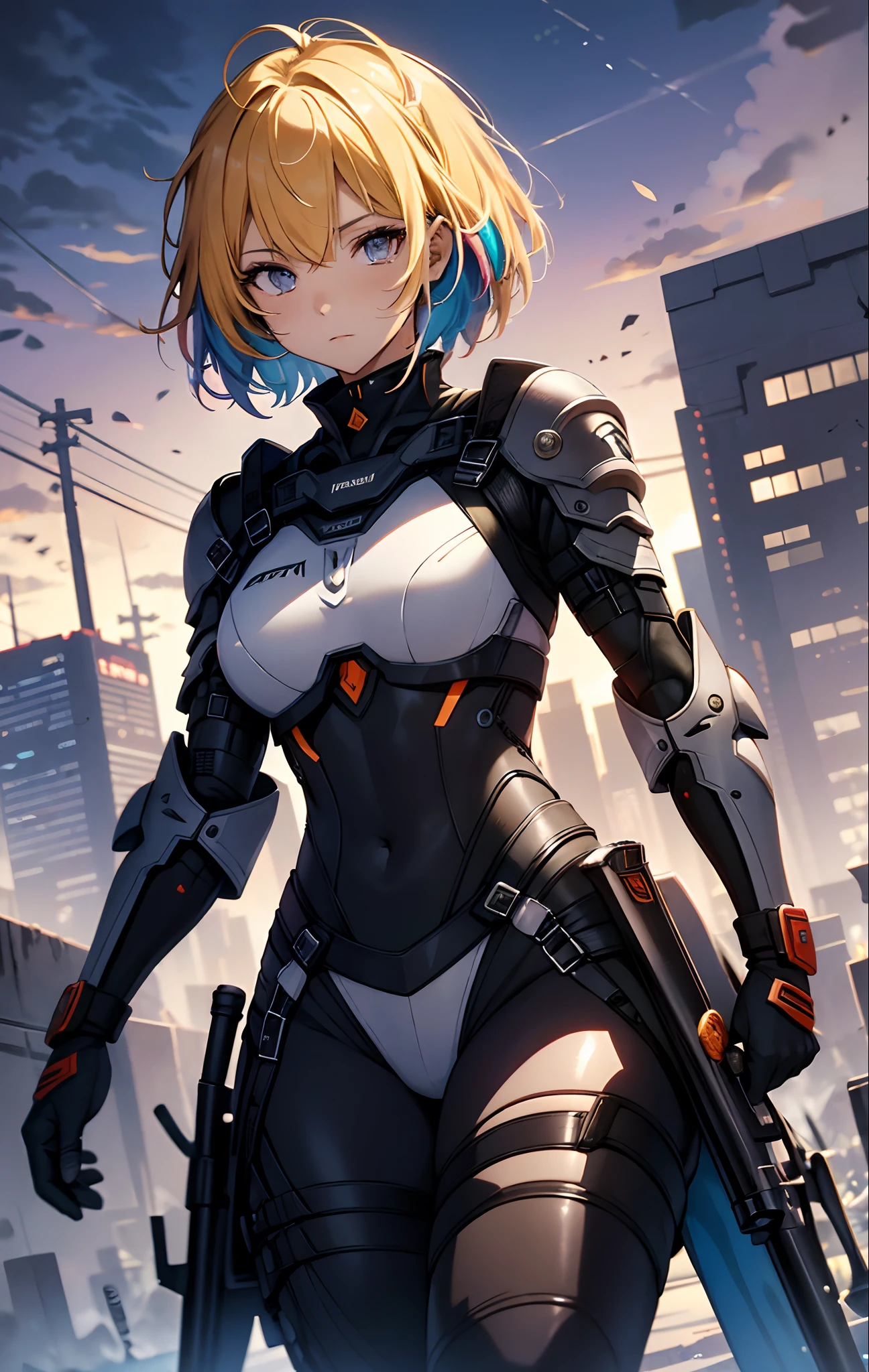 best qualityer,tmasterpiece,Ultimate resolution,downy,Extremely colorful,Colorful,Women combatants,a matural female,extra very short hair,holding gun,Tight combat suit,tightsuit,Steel City background,Normal posture,Normal posture
