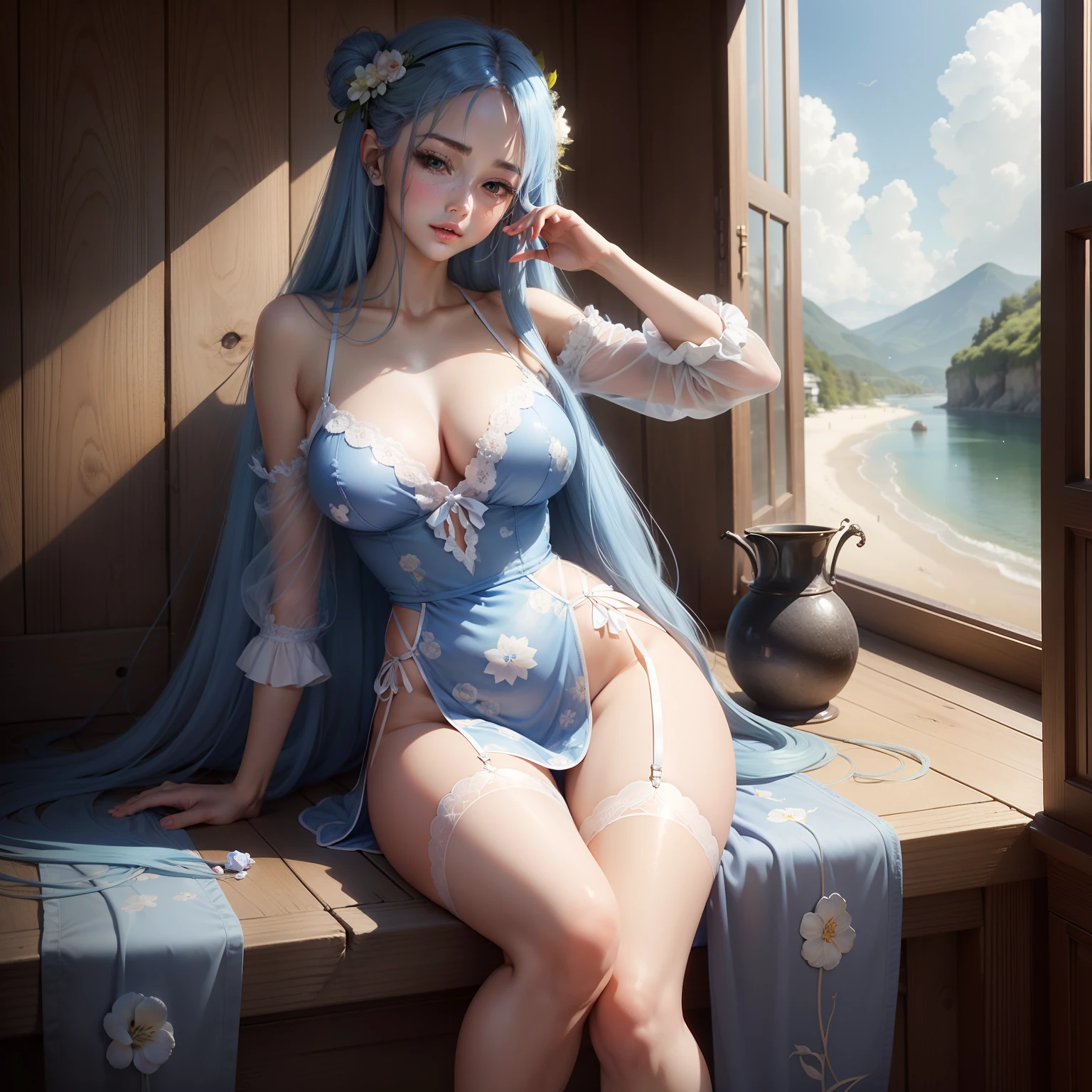 （Enrich your images，Masterpiece-level quality）Beautiful 8K CG artwork，Goddess-like posture，Sit by the river，Postural exercises，Slim and soft，Translucent skin，Blue hair、Extra longhair beauty, Super long straight hair，the skin is fair and juicy,，Big Lingerie Mini Skirt School Uniform，Perspectives Part 1.2x Enhanced silhouette effect，Exquisite transparent blues pattern on pajamas，The details are intricate and exquisite，background slightly blurred，Temptation of attractive and greedy legs，droolng，K-Cup Big，blush，goddess of Japan，Perfect body slim curve，Scene by the Sea，