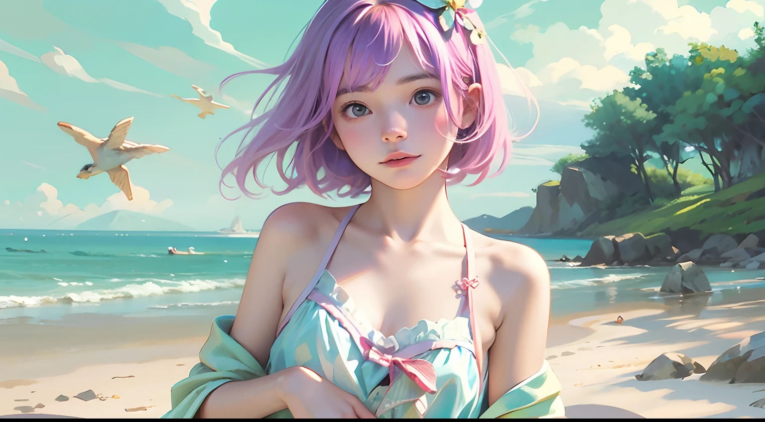 photoRealstic、Illustration of a girl on the beach,She is a magical girl、Draw a magical failure scene