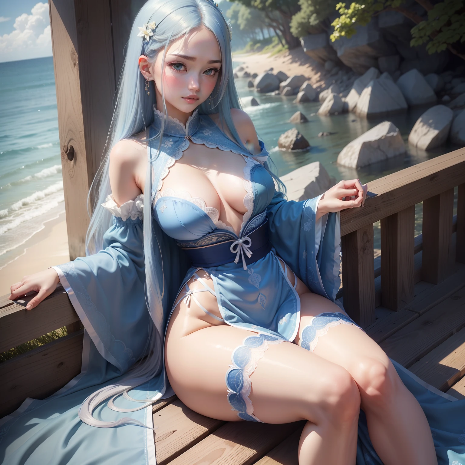 （Enrich your images，Masterpiece-level quality）Beautiful 8K CG artwork，Goddess-like posture，Sit by the river，Postural exercises，Slim and soft，Translucent skin，Blue hair、Extra longhair beauty, Super long straight hair，the skin is fair and juicy,，Big Lingerie Mini Skirt School Uniform，Perspectives Part 1.2x Enhanced silhouette effect，Exquisite transparent blues pattern on pajamas，The details are intricate and exquisite，background slightly blurred，Temptation of attractive and greedy legs，droolng，K-Cup Big，blush，goddess of Japan，Perfect body slim curve，Scene by the Sea，