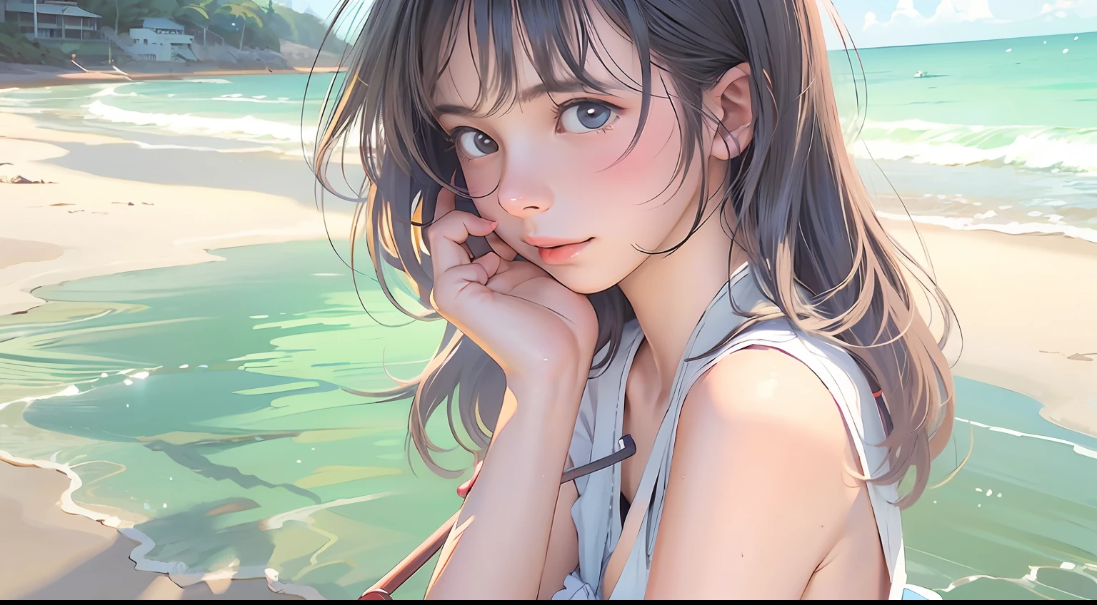 photoRealstic、Illustration of a girl on the beach,She is a magical girl、Draw a magical failure scene
