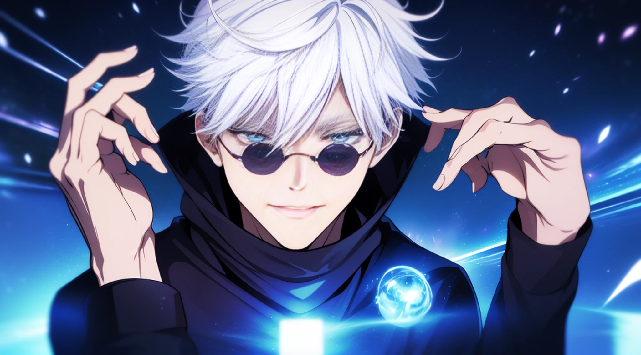 ((High detail、Cinematic lighting))、messy white hair、aquamarine eyes、white lashes、raios de deus、ray tracing、sombra projetada、optical illusion、Corpo inteiro、((Super Detalhe、best quality、8k))、Jujutsu Kaisen、Gojo Gojo、Traje preto、Surgical deployment、Fundo com um templo perfeito、olhar sereno、Ser Poderoso、mystic atmosphere、(Estranho luar、Ominous shadows、 Aura azul intensa、 Aura vermelha intensa、Symbol of the power that surrounds you、Radiating Magical Energy、Mystical artifacts、Ether particles、dinamic pose、Epic Soundtrack、a sense of wonder、(((Detailed hand)))、Sunglass