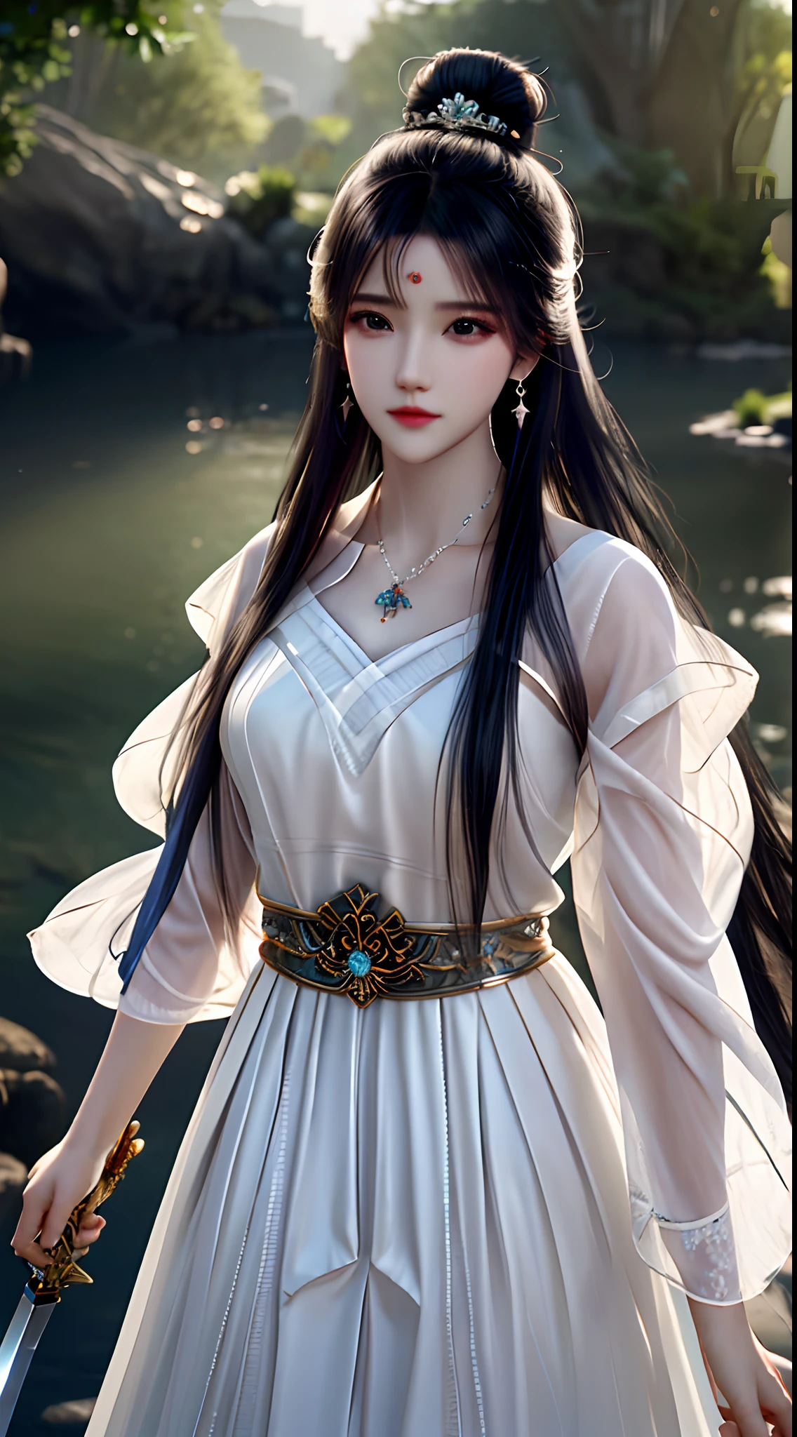 best quality,masterpiece,highres,cg,
1girl,weapon,sword,long hair,dress,water,solo,jewelry,white dress,earrings,hair ornament,splashing,upper body,hair bun,black hair,
lighting,candid,Photograph,high resolution,4k,8k,Bokeh,