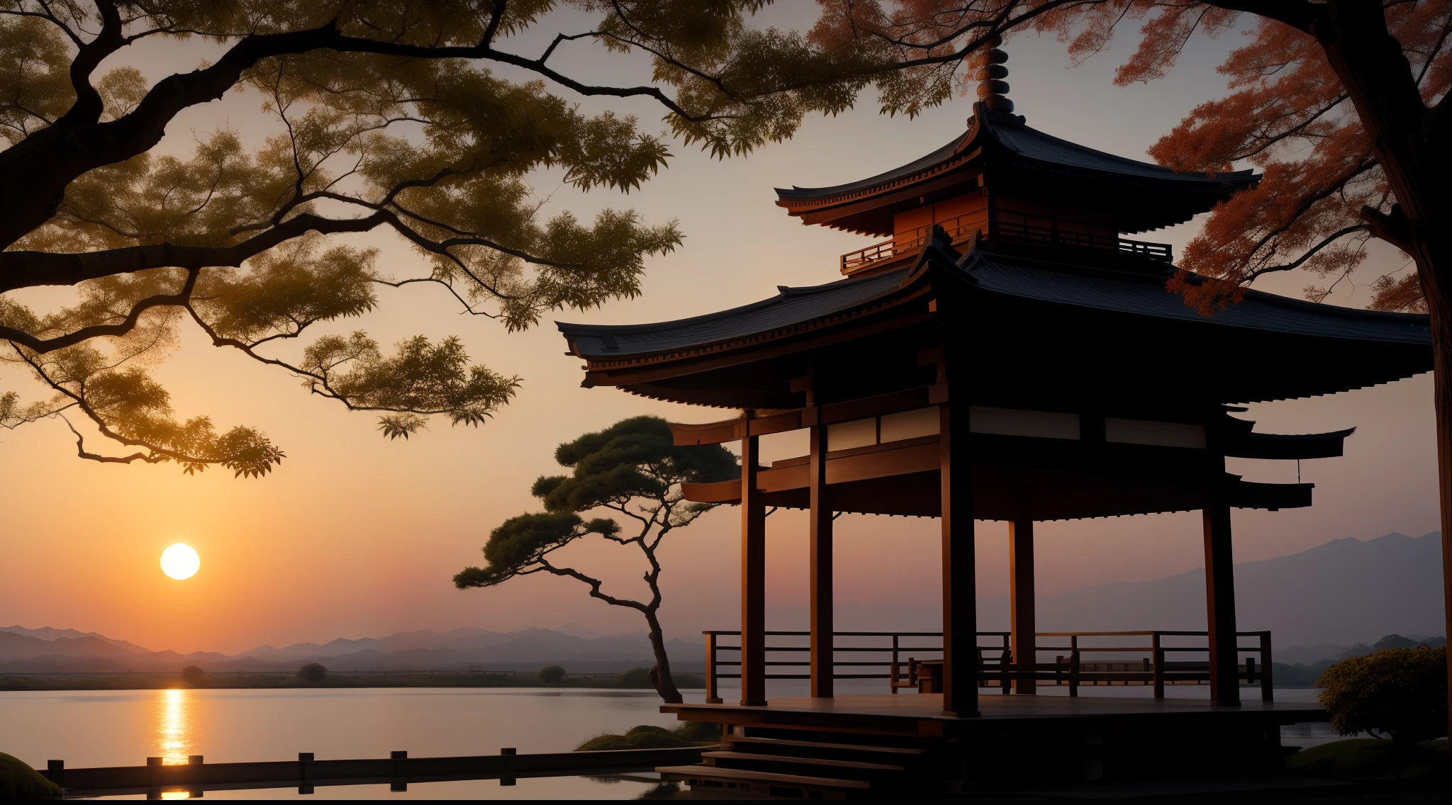 sun rising from behind japanese pagoda trees sunrise