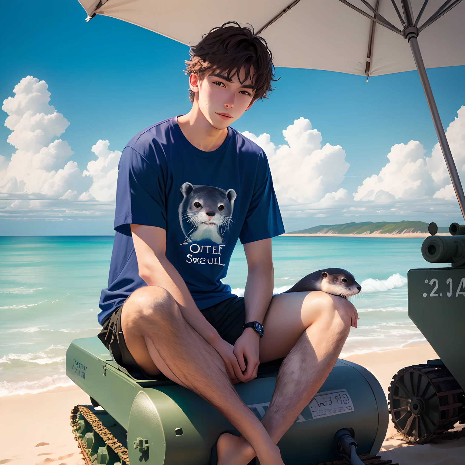An otter in a sea soul shirt sitting on a tank on the beach
