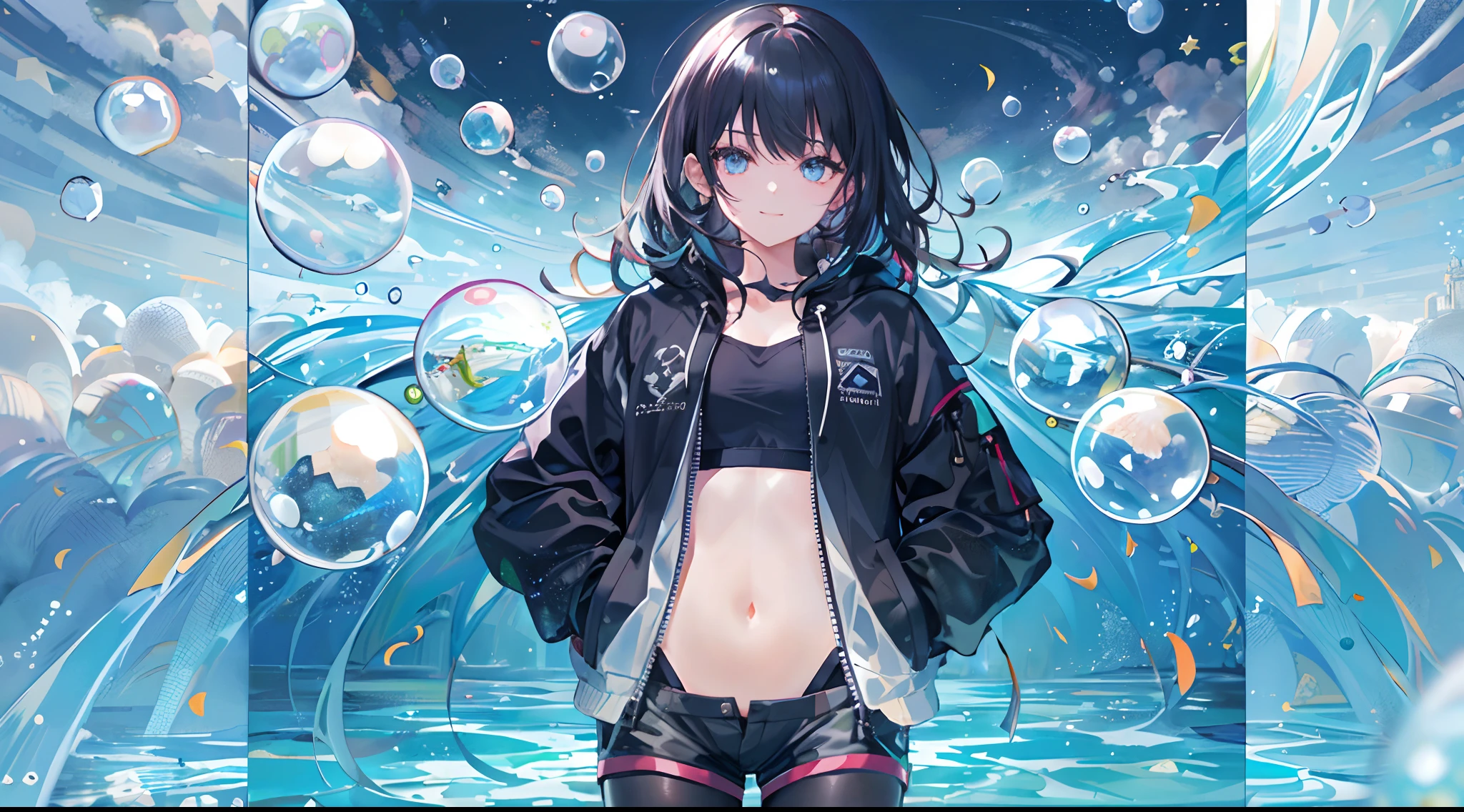 ((top-quality)), ((masterpiece)), ((ultra-detailliert)), (extremely delicate and beautiful), girl with, 独奏, cold attitude,((Black jacket)),Oversized hoodies、She is very(relax)with the(Settled down)Looks,A dark-haired, depth of fields,evil smile,Bubble, under the water, Air bubble,bright light blue eyes,Inner color with black hair and light blue tips,Cold background,Bob Hair,a miniskirt,tight skirts,Bob Hair - Linear Art、knee high socks、Camisole inner shirt、Hands in pockets
