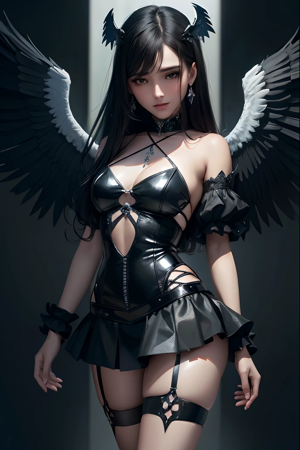 Mulher de Arad na roupa de couro preto,Com asas e ligaduras, Vilania tem asas de anjo negro, anjo escuro, 3 D rendering character art 8 K, angel knight gothic girl, Fantasia sombria cyberpunk sedutora, raven winged female vampire, Anjo com asas pretas, Anjo majestoso de corpo inteiro, motor irreal renderizado + uma deusa, menina bonita do anjo do ciborgue, asas de penas escuras