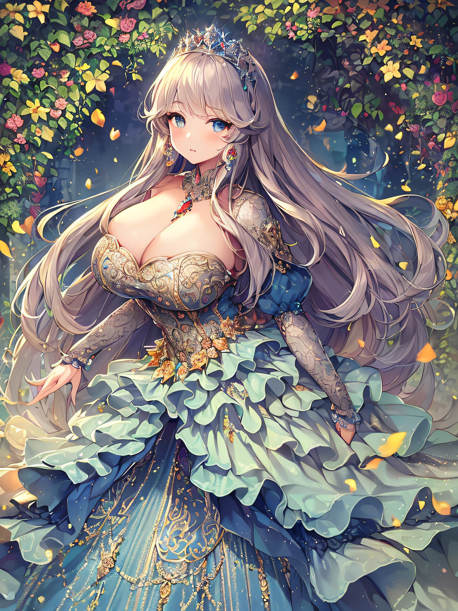 ((anime artstyle)),(Masterpiece),(Best Quality), (Super Detail),((Very Delicate and Beautiful)),(((Solo))),((full body portrait)),((1 princess in gorgeous princess rococo ballgown with voluminous full length hoop skirt)),((crinoline)),Long train,(((standing in garden))),(gorgeous gemstone jewelry),detailed face and eyes,jewel-like eyes,((large amount of straight hair,extremely voluminous Hair,Very Long Straight Hair)),((gigantic tits,Long tits)),cleavage,extremely gorgeousfull hair ornament,((bling-bling extremely gorgeousfull jeweled tiara)),((Dynamic Angle)),Looking at viewer,,flowers,flower petals flowing,((gorgeous princess rococo ballgown with voluminous full length hoop skirt))