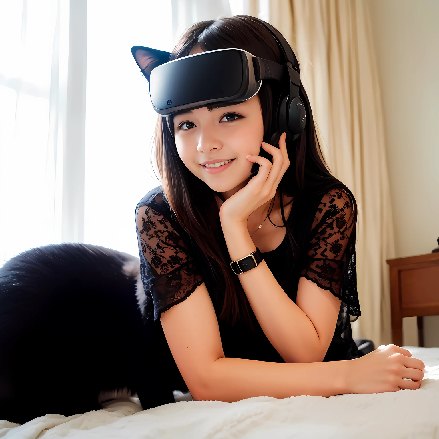 Woman in light maid clothes lying in bed with black cat, Smiling Woman、No makeup、smiling girl、Vlchats in thin maid clothes, Nekomimi, maid! attractive cat girl, Wearing Apple products in VR, very beautiful cute catgirl, Girl in VR headset, catgirl, Cat Girl, hololive, Wearing a VR headset, Wear VR goggles、Indoors bathed in the white light of the morning sun、clothes reflecting light、Teenage woman's skin reflecting light、Fashionable choker black cat、White curtains、There is a white curtain that transmits light、Black cat in a good mood、Teenage woman arm trying to touch cat's tail、Maid clothes reflecting the morning light、Cat Shadow、Fair-skinned young girl lying on bed、Black cat sitting in bed、Girl and Black Cat、Teenage girl's arms are translucent、Veins are visible inside、Anatomical internal muscles and blood vessels on the skin of the arm are faintly visible.、Thin anatomical tendons and veins are also visible on the nape of the girl's neck.、with a slender body、In the arms of a girl、shiny hair is faintly visible.、Beautiful black rich fur of cats、masterpiece、Delicate black-haired girl、maid clothes、The girl's thin arms and hands are transparent、Slender little teenage girl、Rin々Shii Black Cat、Photographer girl's face reflected on the glass surface of high-end headset(0.9)、Beautiful black cat coat、The eyes of the black cat also reflect the image of the girl who took the photo.(0.9)、top-quality(0.8)、masterpiece、contest winner