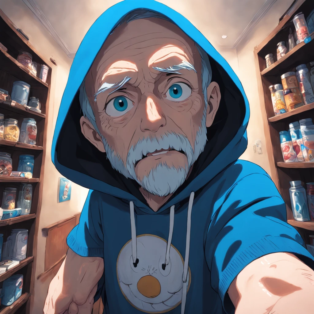 low quality selfie from phone camera shot, extremely old homer-simpson-looking man in a black hoodie and blue tshirt, in the style of alex gross, fish eye camera, cinematic shot, photographic realistic, cottagecore, cute, cherry flavored mess