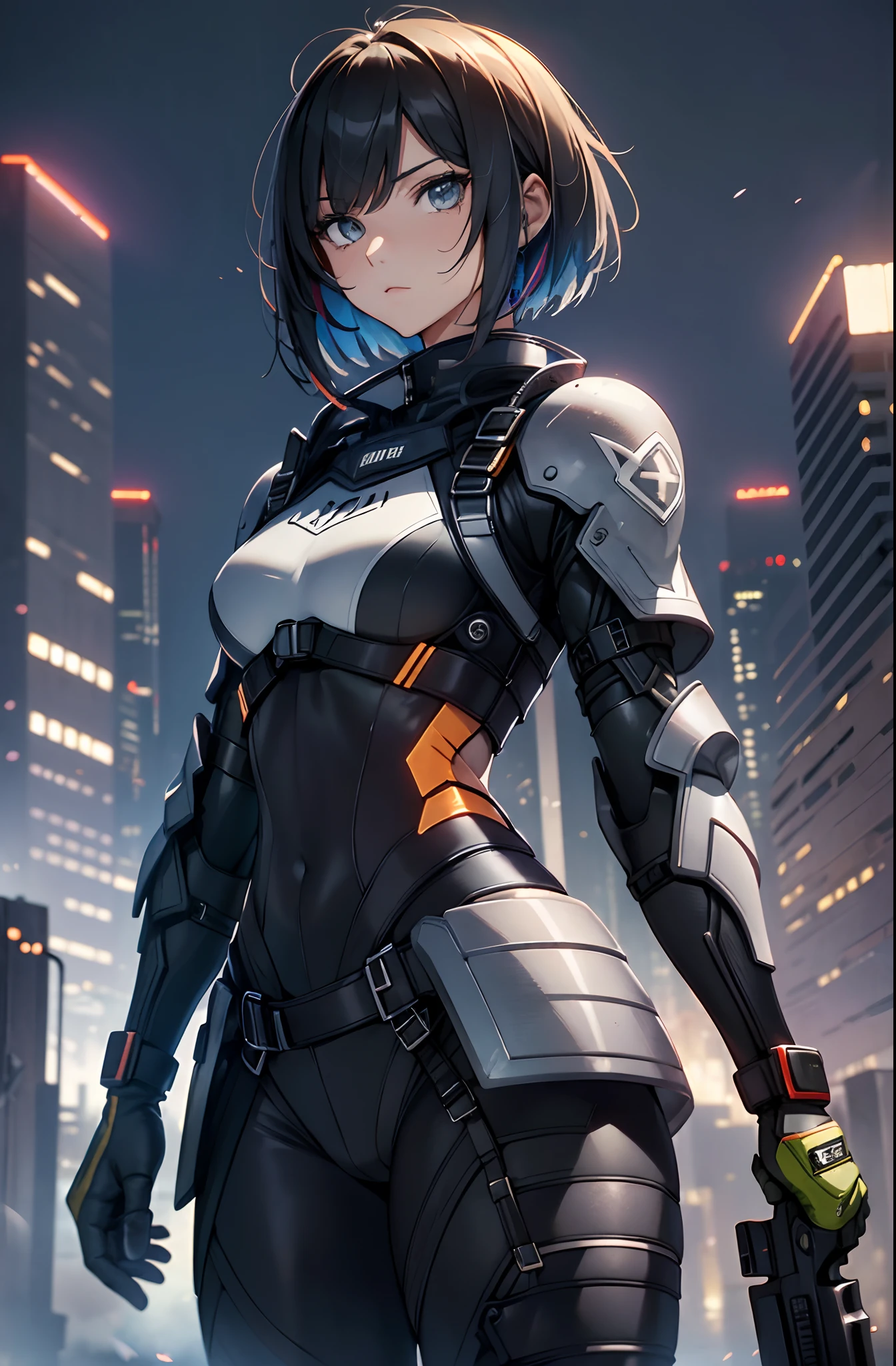 best qualityer,tmasterpiece,Ultimate resolution,downy,Extremely colorful,Colorful,Women combatants,a matural female,black super short hair,holding gun,Tight combat suit,tightsuit,Steel City background,blue-sky,Normal posture,Normal posture