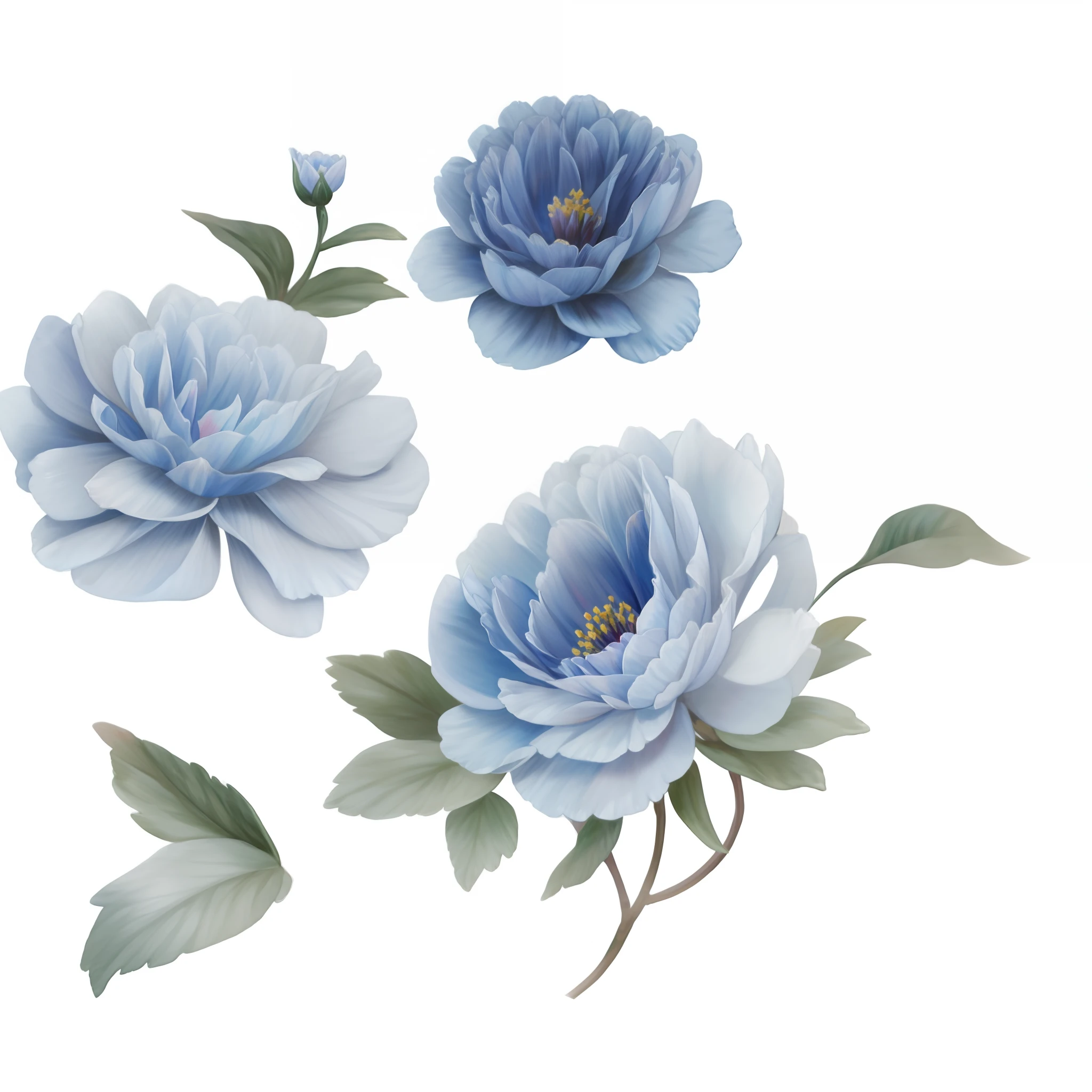There are three blue flowers on a white background, flores azuis, acentos de flores azuis, Estilo de pintura chinesa, Estilo de aquarela chinesa, renderizando uma rosa azul, flor, Rosa Azul, blue - petals, peony flowers, Aquarela tradicional chinesa, Pintura tradicional chinesa, peony flower, Beatriz Azul, Flores elegantes, coroa de flores azuis, rosas decorativas, chinese style painting