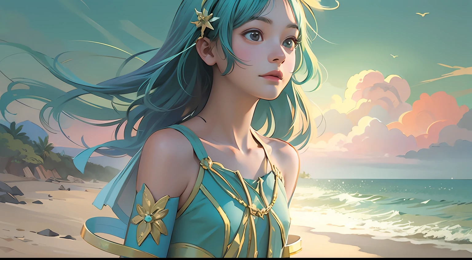 (Masterpiece: 1.5), (Best Quality: 1.5), High Resolution, High Detail, 1 Girl, Solo, Skin Highlight, Sharpen, Clear, straight hair, ponytail, multicolored hair, Jewelry, bracelet, earrings, cowboy shot, pale skin, smile, beach, tiny micro bikini --auto --s2