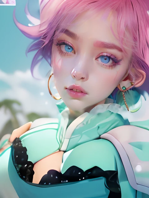 (Purple drooping eyes),(Angled eyebrows)Mint green long-sleeved clothes、Big purple drooping eyes with arched eyebrows and pink short splashed hair,,,,,、White shoulder pads、Blue bustier and black lace、Gold Earrings、Girl in mint green clothes with open chest
