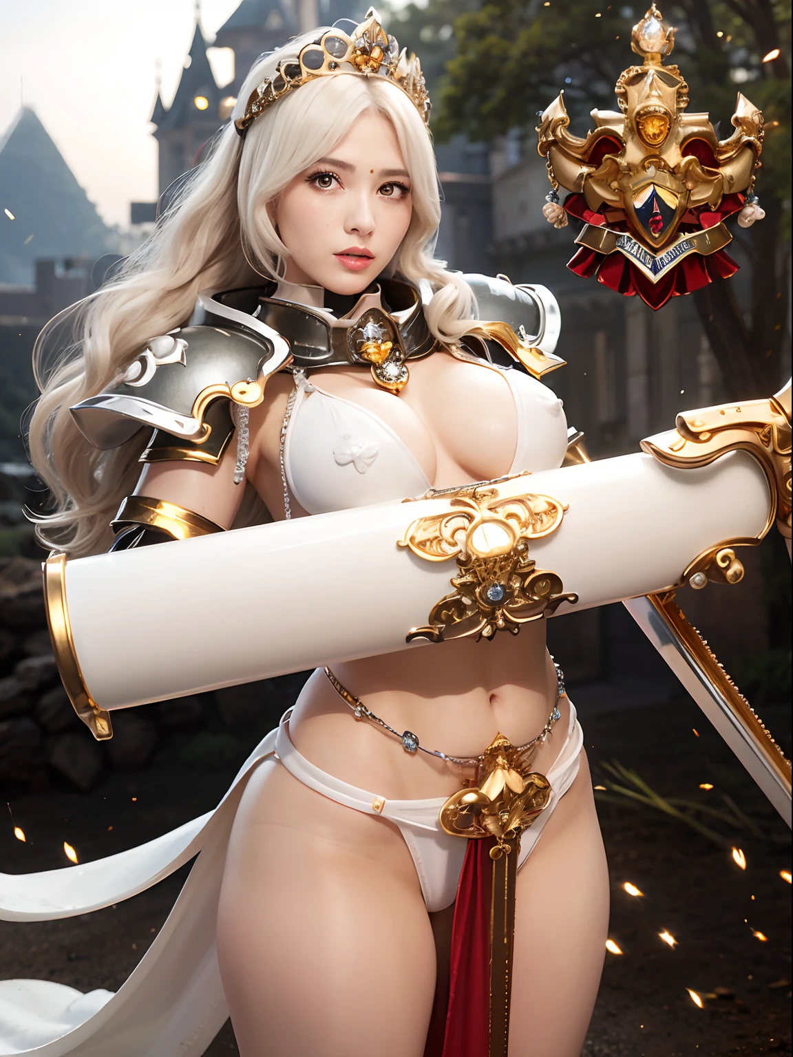 (masutepiece), Professional , ​masterpiece、top-quality、photos realistic , depth of fields （Gemstone Silver Metal Body:1.９),(Matte White、Particles of light、Jewel Gold Weapon、（Gorgeous castle background）、（White Micro Bikini）（Jewel Metal Body:1.４),Gorgeous Jewel Metal Weapons , Detailed Sword of the Brave ,（ Soldier background in metal armor）   ,warhammer 40k , adepta sororitas,Detail and ornate jewel crown、独奏、Black hair、（Gangle's forest background）、Beautiful Caucasian beauty、１a person、dynamic ungle,(((Diamond tiara with detail and luxury)))、a small face、A smile、Powerful poses、（Gorgeous castle background）、huge-breasted、20 year old beautiful woman、Stand in the center of the screen、Thin female fingers、Smaller head、