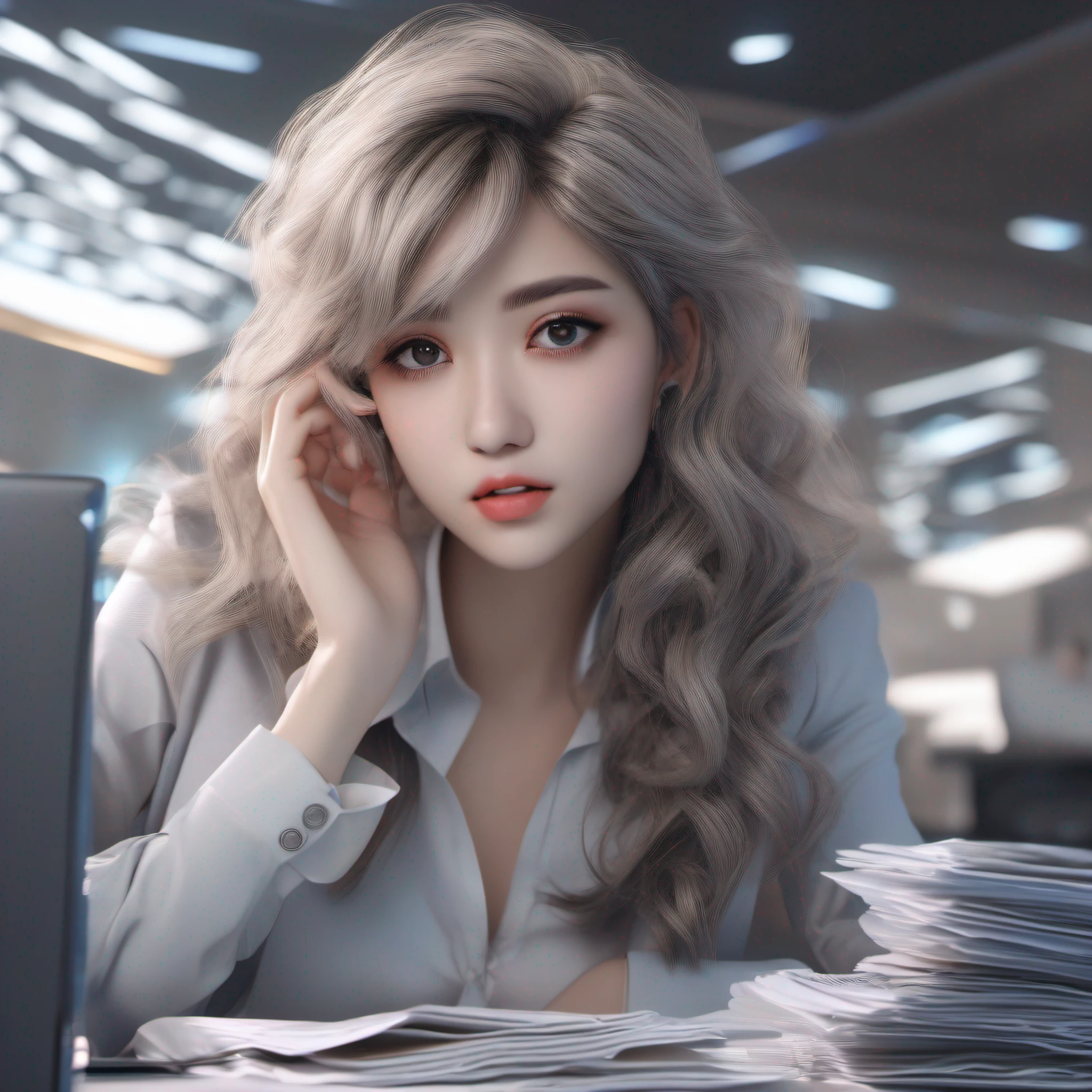 (photorealistic:1.4), ((Best quality, 8k, Masterpiece :1.3)), raw photo, 1girl, Pretty girl, (Tired office worker with a pile of bills on her desk in a futuristic office), (random hairstyles), Ultra-detailed face, cinematic angle, Detailed eyes, ((natural hand:1.8)), (natural finger:1.5), ((Natural eyes and mouth))