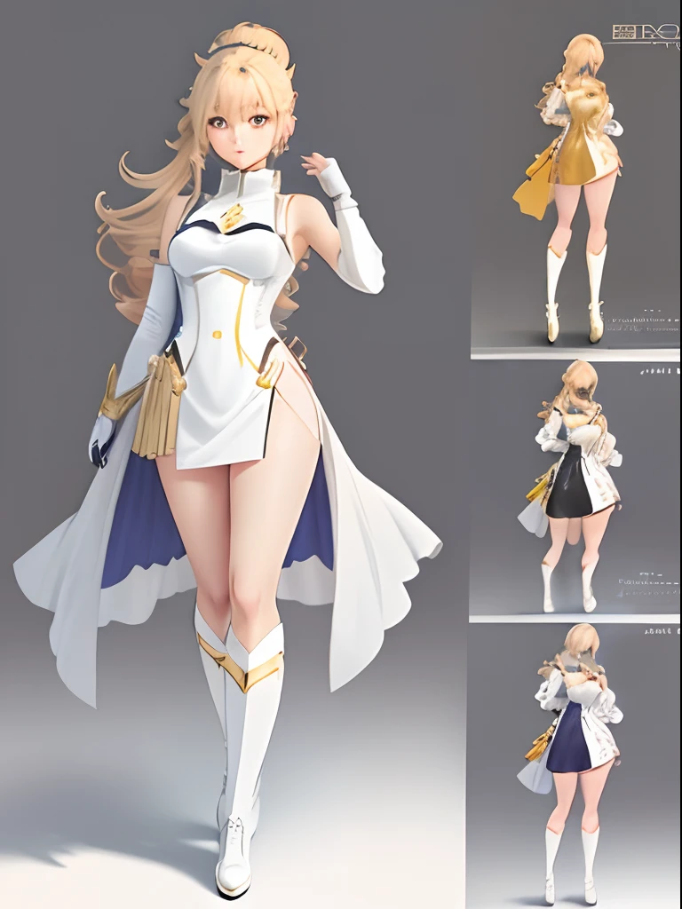 Woman in white and golden suit, Images of female anime heroes, anime sketch, full body character drawing, clean anime outlines, an anime drawing,, simple line art, ( ( character concept art ) ), pudica pose gesture, marin kitagawa fanart, dark sorceress fullbody pose、Raw feet、Western Boots、Below the knee length boots、gloves、Leotard、cloaks、a miniskirt、Sleeveless、A look of shame、blonde  hair、poneyTail、Yumiel、Transformation Heroine