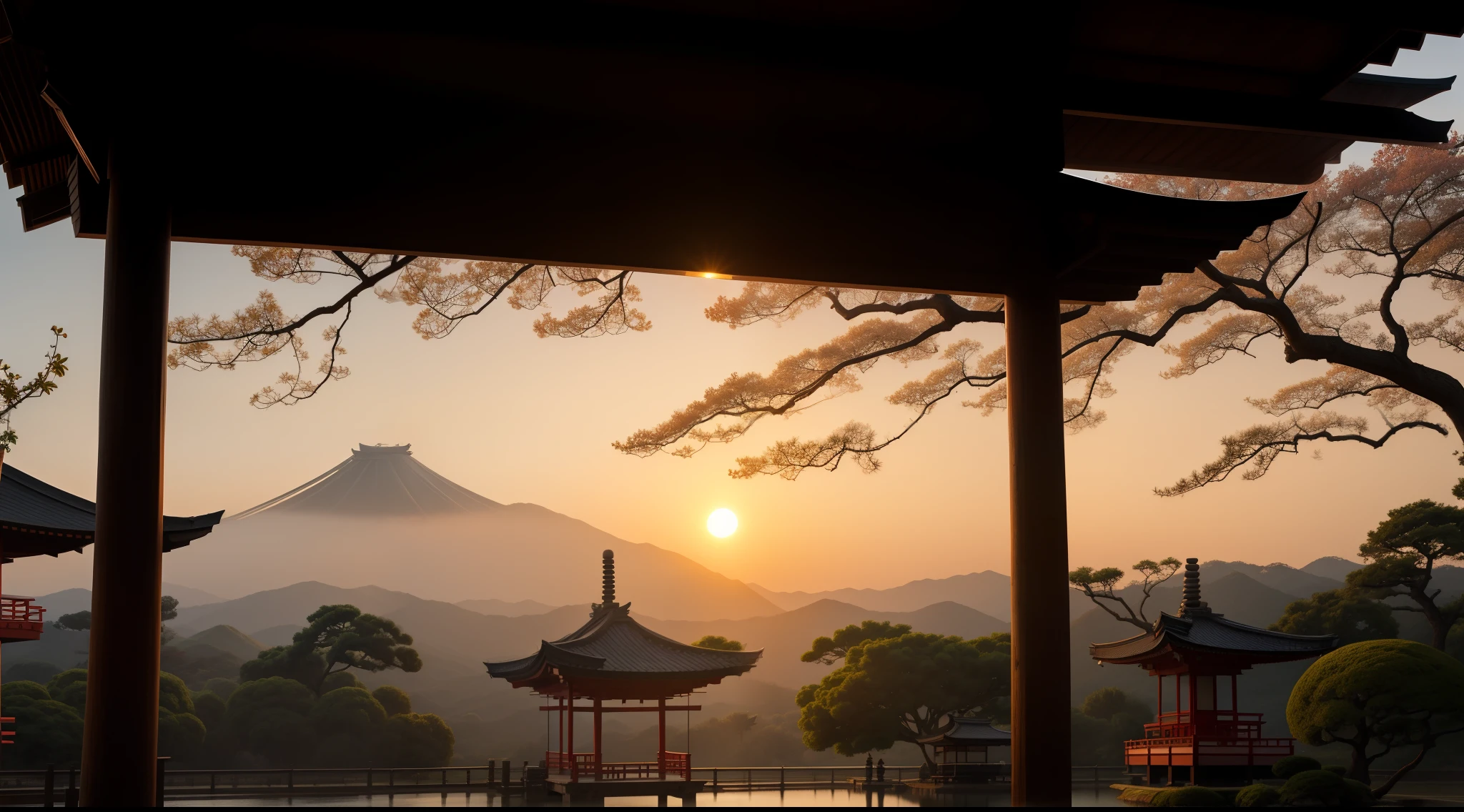 sun rising from behind japanese pagoda trees sunrise