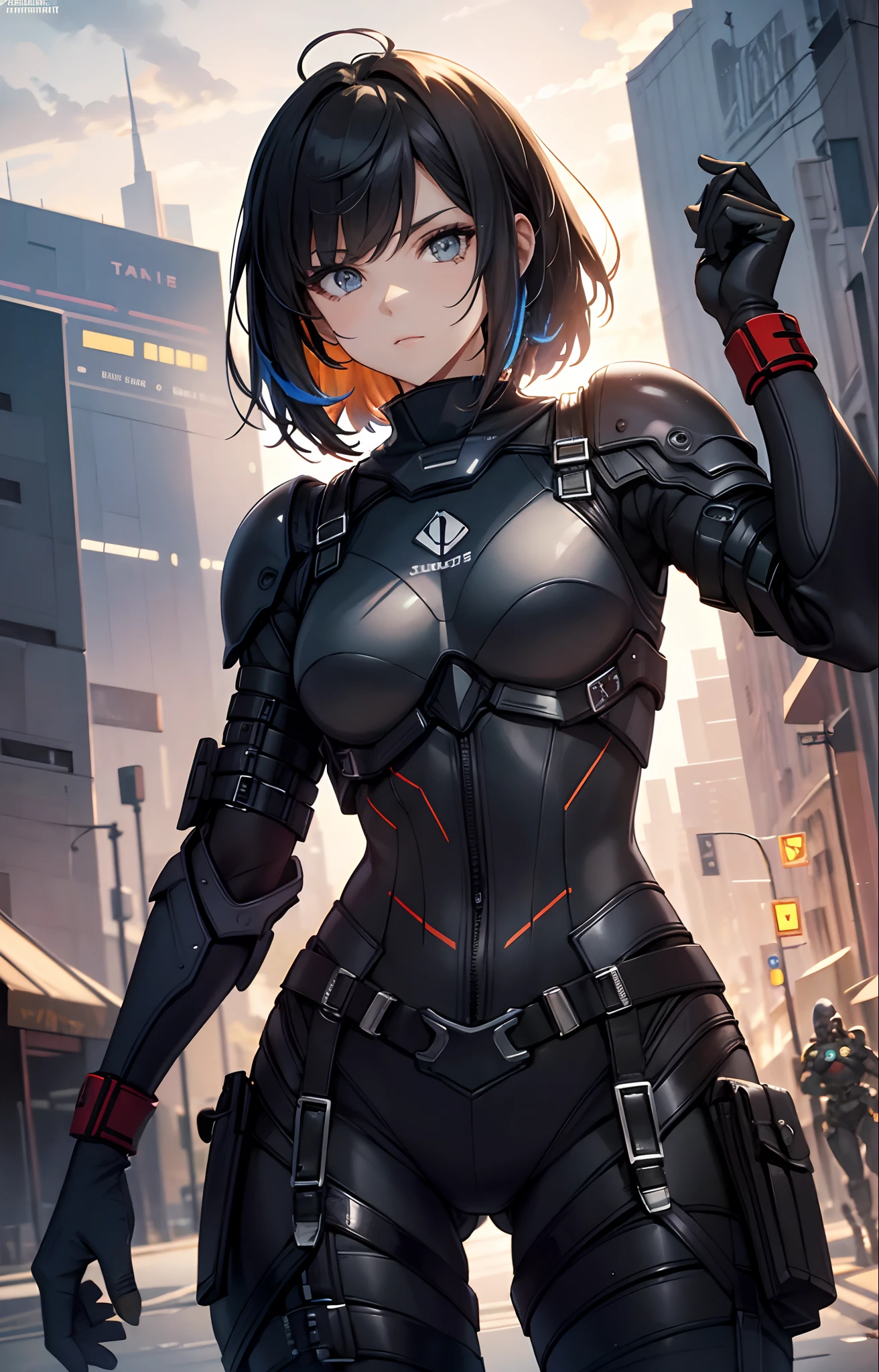 best qualityer,tmasterpiece,Ultimate resolution,downy,Extremely colorful,Colorful,Women combatants,a matural female,Black super short hair,holding gun,Tight combat suit,tightsuit,Steel City background,nigh sky,Normal posture,Normal posture