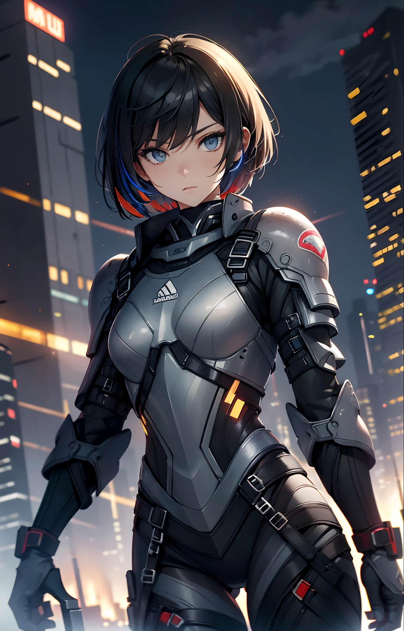 best qualityer,tmasterpiece,Ultimate resolution,downy,Extremely colorful,Colorful,Women combatants,a matural female,Black super short hair,holding gun,Tight combat suit,tightsuit,Steel City background,nigh sky,Normal posture,Normal posture