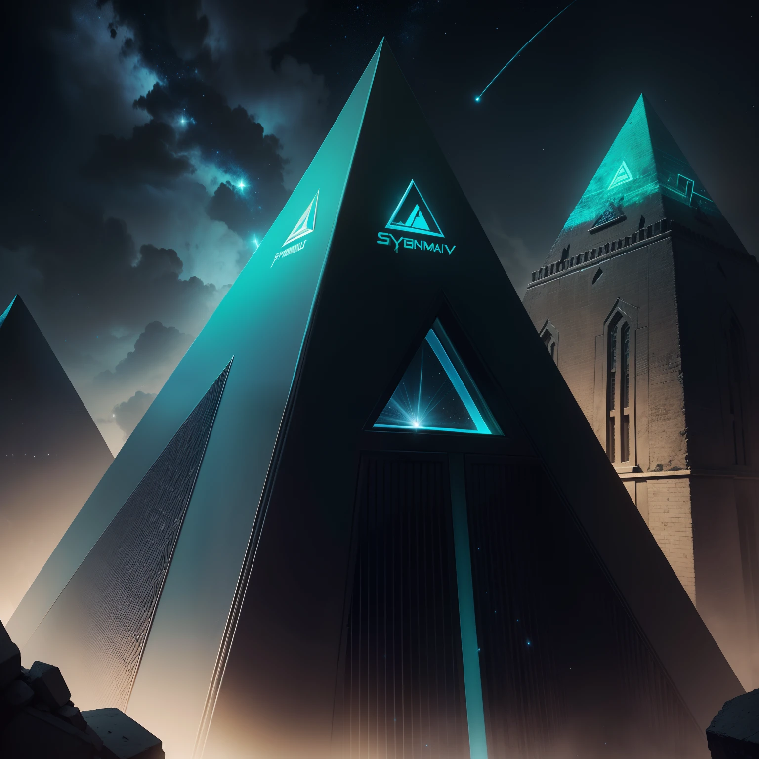 sci-fy,pyramid,The pyramid glowed blue-green between the gaps between the bricks,The background is dark night,There are tiny stars hanging in the sky