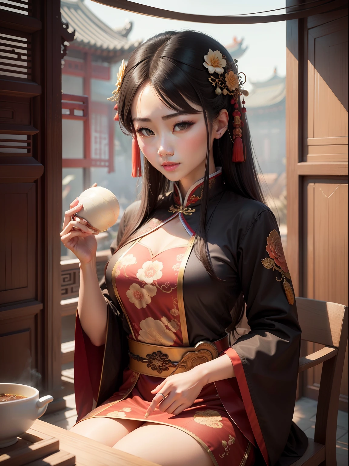 Li Xunhuan was drinking alone in the inn, without a beard, Pour the wine, White Confucian clothes, Drink slowly, Eye Qing looked at the wine glass, smile, black hair, medium hair, kanzashi, eyeball, sigh, chiaroscuro, film grain, Classicism, high detail, ray tracing, character chart, projected inset, from outside, close-up, Minimalism, Neoclassicism, highres, best quality, retina, masterpiece, textured skin, anatomically correct