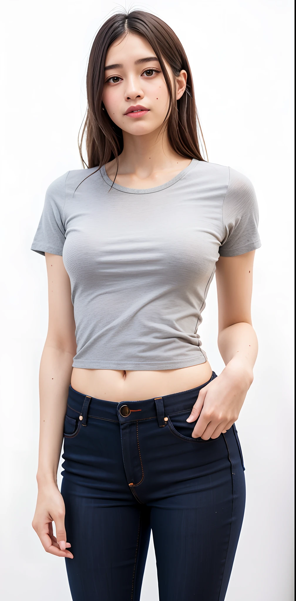 uma linda mulher latina em um top cinza e jeans posando para uma foto, camisa cinza, camisa apertada, vestindo camisa apertada, physical : Tiny diaphragm of all time, usando roupas simples e apertadas, usando um top cropped sexy, topo de corte, usando um top cropped, usando topo de corte, diafragma, usando um top cropped, usando um top bonito, Topo de colheita