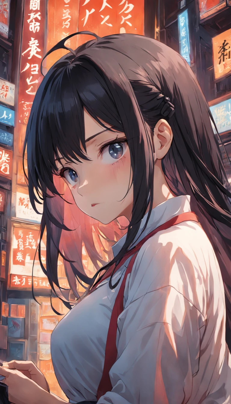(masterpiece),(best qualtiy),(highly detailed),(illustratio),(超高分辨率)one-girl,Off-the-shoulder attire,astonishment,tutor,Black color hair,straight long hair,white shirt,Mature woman,40-year-old woman,Large breasts,scowling,Top-down view,Close-up shot,Write homework,inside in room,bookshelves,desks