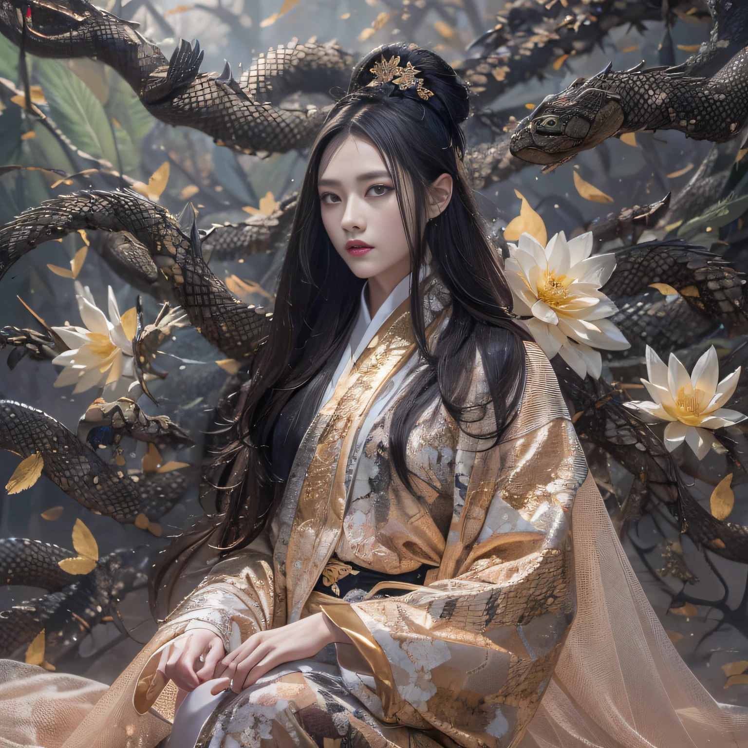 32K（tmasterpiece，k hd，hyper HD，32K）Long flowing black hair，ponds，zydink， a color，  Xuzhou people （seductiv）， （sulfur dioxide）， Combat posture， looking at the ground， long whitr hair， Floating hair， Carp pattern headdress， Chinese long sleeve tulle python robe， （Abstract gouache splash：1.2）， Pink petal background，Golden lotus flowers fly（realisticlying：1.4），Black color hair，Fallen leaves flutter，The background is pure， A high resolution， the detail， RAW photogr， Sharp Re， Nikon D850 Film Stock Photo by Jefferies Lee 4 Kodak Portra 400 Camera F1.6 shots, Rich colors, ultra-realistic vivid textures, Dramatic lighting, Unreal Engine Art Station Trend, cinestir 800，Long flowing black hair，Long-sleeved tulle python robe