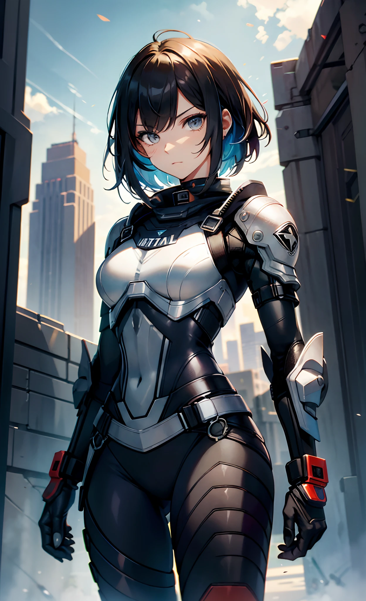 best qualityer,tmasterpiece,Ultimate resolution,downy,Extremely colorful,Colorful,Women combatants,a matural female,Black super short hair,holding gun,Tight combat suit,tightsuit,Steel City background,nigh sky,Normal posture,Normal posture
