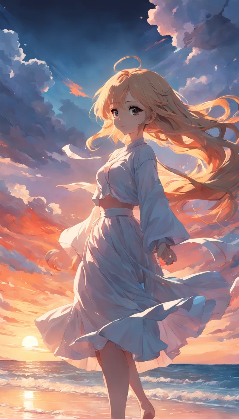 tmasterpiece，best qualtiy，cinematic Film still from，1girll，a white long skirt，Flying hair，Colorful auspicious clouds，Kizi，Floating in the sky，beachside，closeup cleavage，brightly，cheerfulness，Warm and soft lighting，the sunset，（spark of light：0.7）