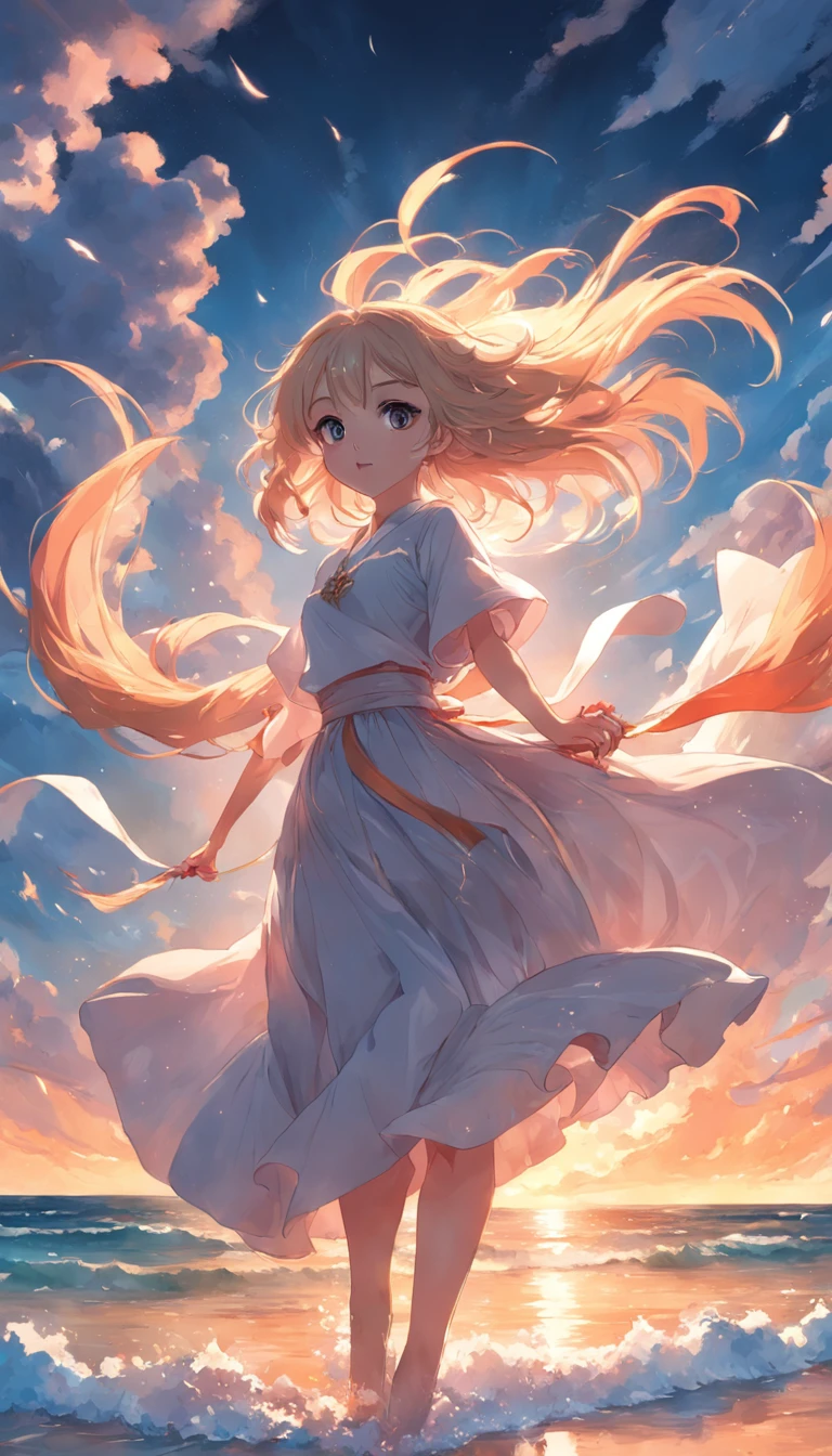 tmasterpiece,best qualtiy,cinematic Film still from,1girll,a white long skirt,Flying hair,Colorful auspicious clouds,Kizi,Floating in the sky,beachside,closeup cleavage,brightly,cheerfulness,Warm and soft lighting,the sunset,(spark of light:0.7)