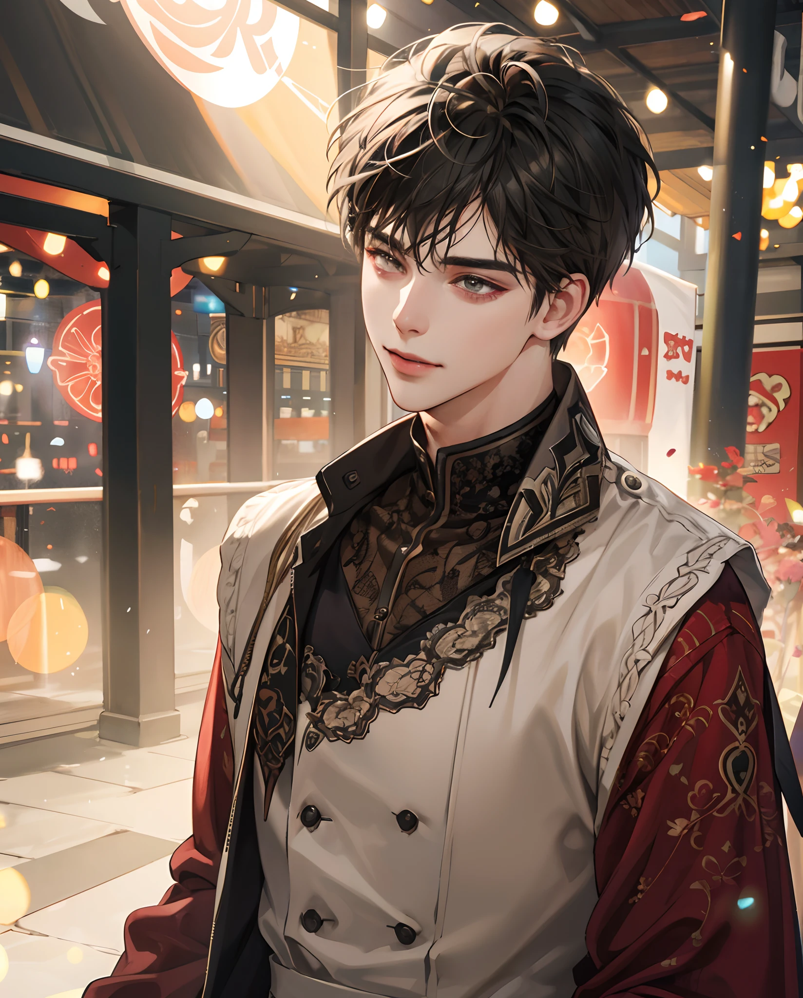 Gorgeous 25-year-old boy in an amusement park, happy, broad shoulders, clear focus (clutter - house: 0.8), (masterpiece: 1.2) (Realistic: 1.2) (Bokeh) (Best quality) (Detailed skin: 1.3) (Intricate details) (8K) (Detail eyes) (Sharp focus), (Happy)